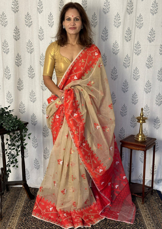 Cream & Red Cotton Silk Jamdani Saree