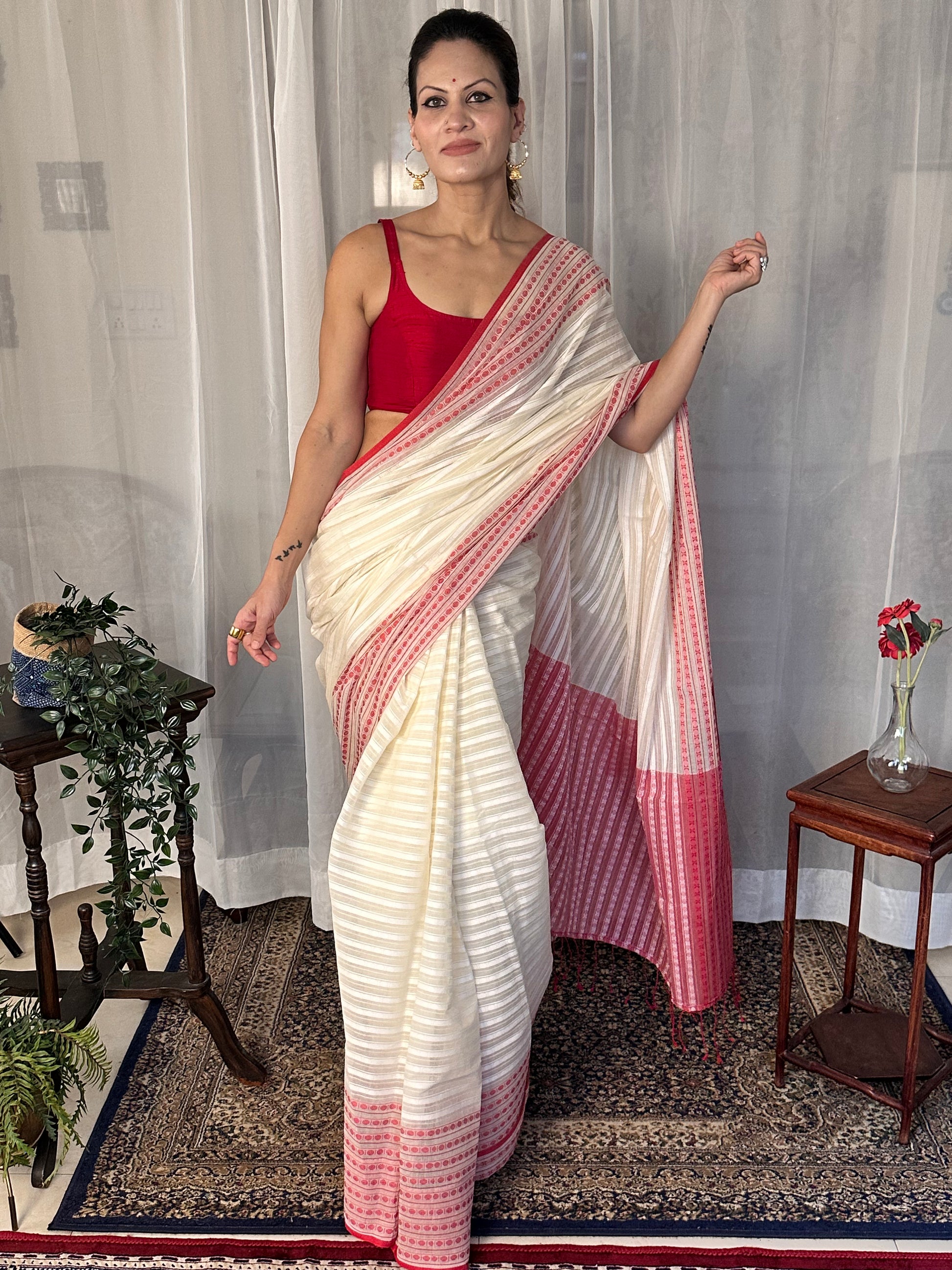 White Pure Cotton Rudraksha Design Woven Sari - Raahini