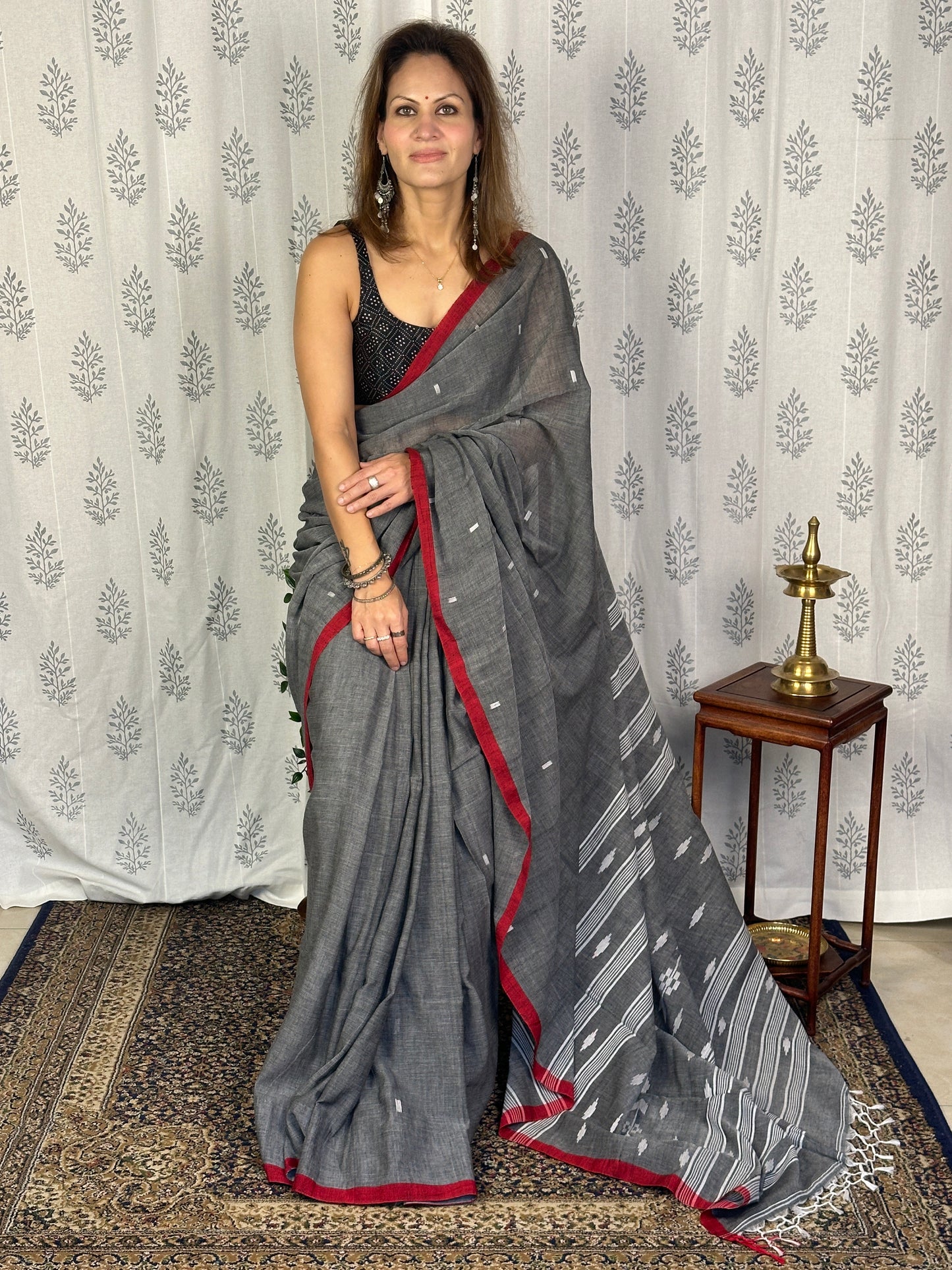 Grey Pure Cotton Jamdani Sari with Red Border