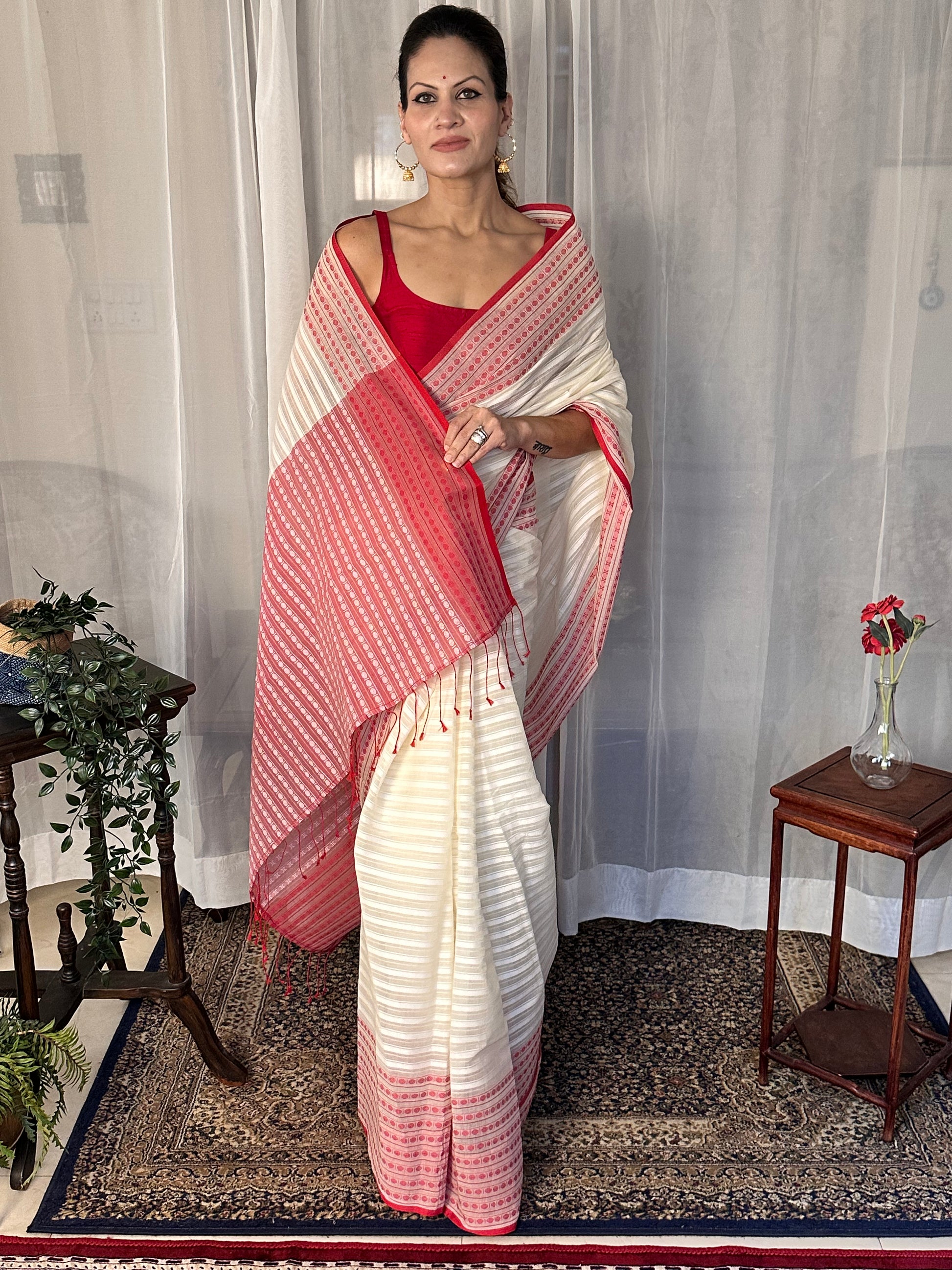 White Pure Cotton Rudraksha Design Woven Sari - Raahini