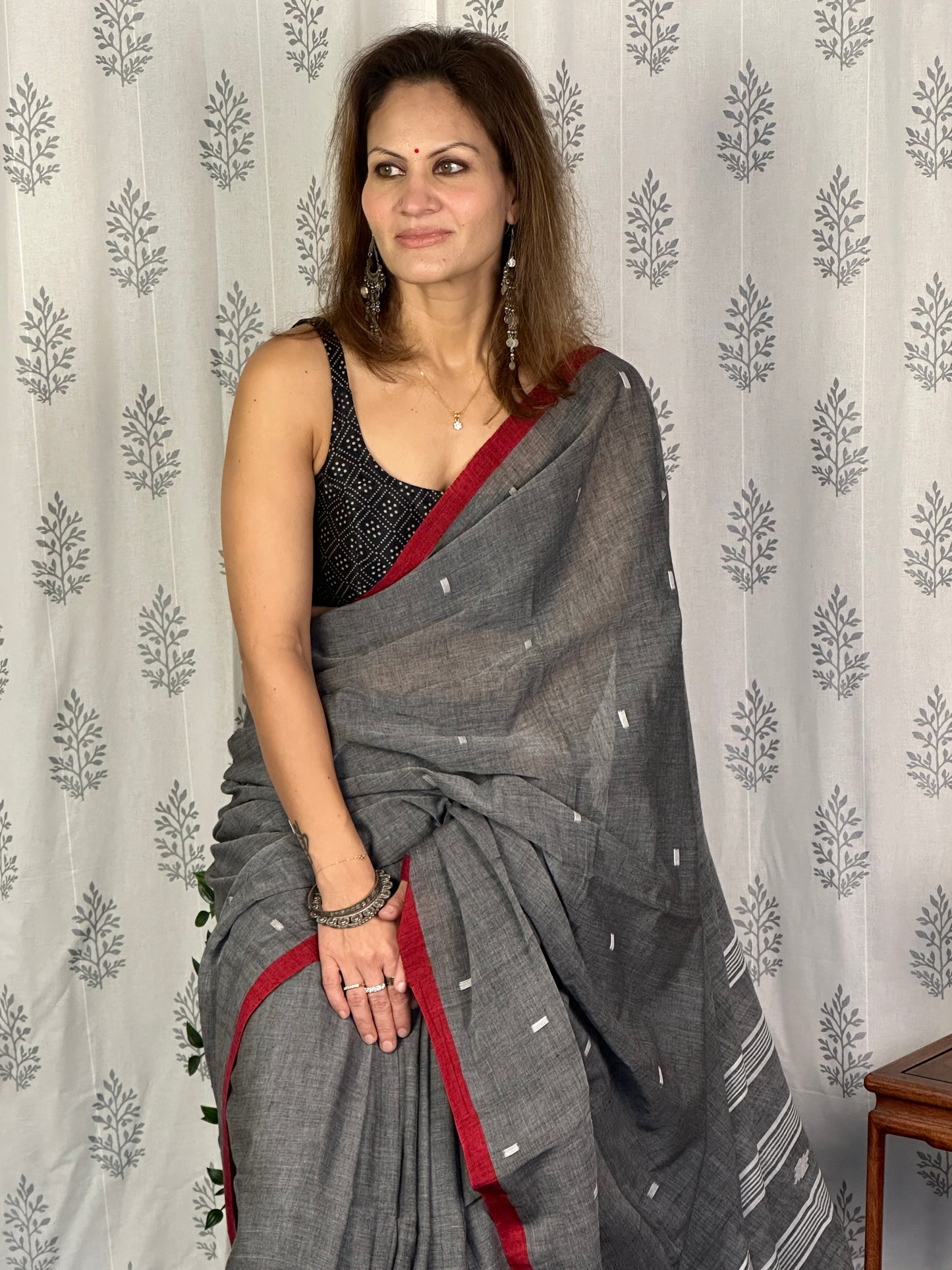 Grey Pure Cotton Jamdani Sari with Red Border