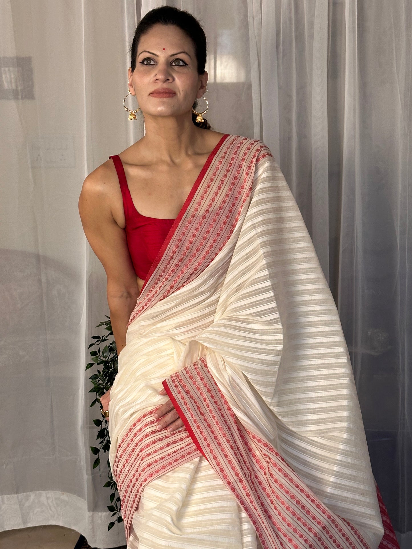 White Pure Cotton Rudraksha Design Woven Sari - Raahini