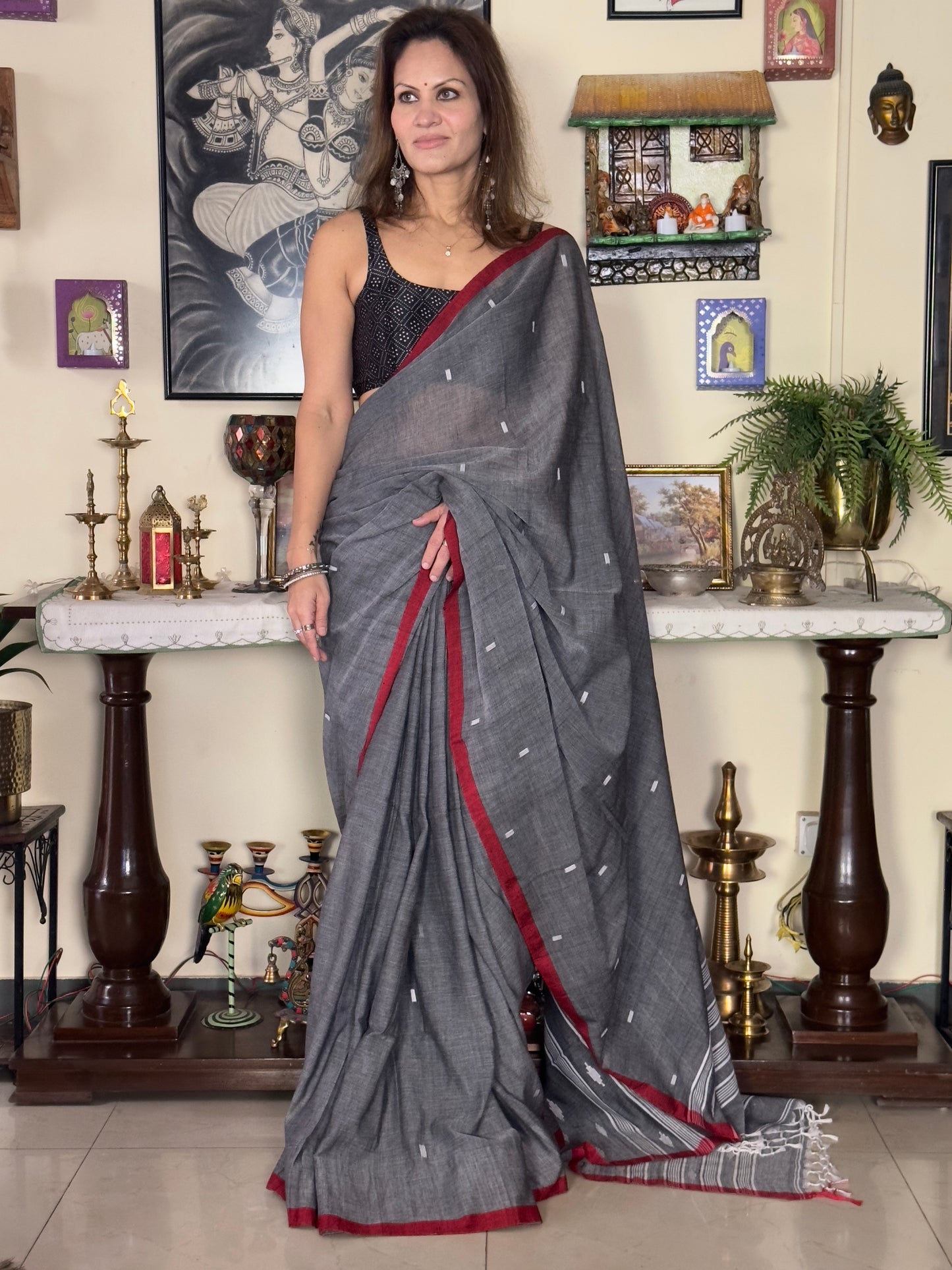 Grey Pure Cotton Jamdani Sari with Red Border