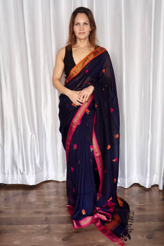 Black & Pink Handloom Pure Cotton Jamdani Saree with Intricate Floral Work with Handloom Mark Card