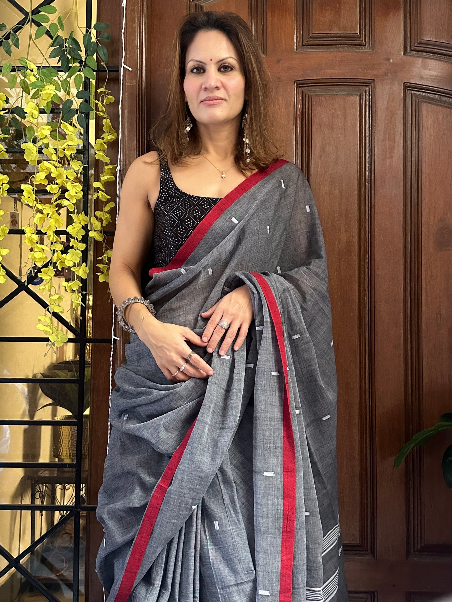 Grey Pure Cotton Jamdani Sari with Red Border