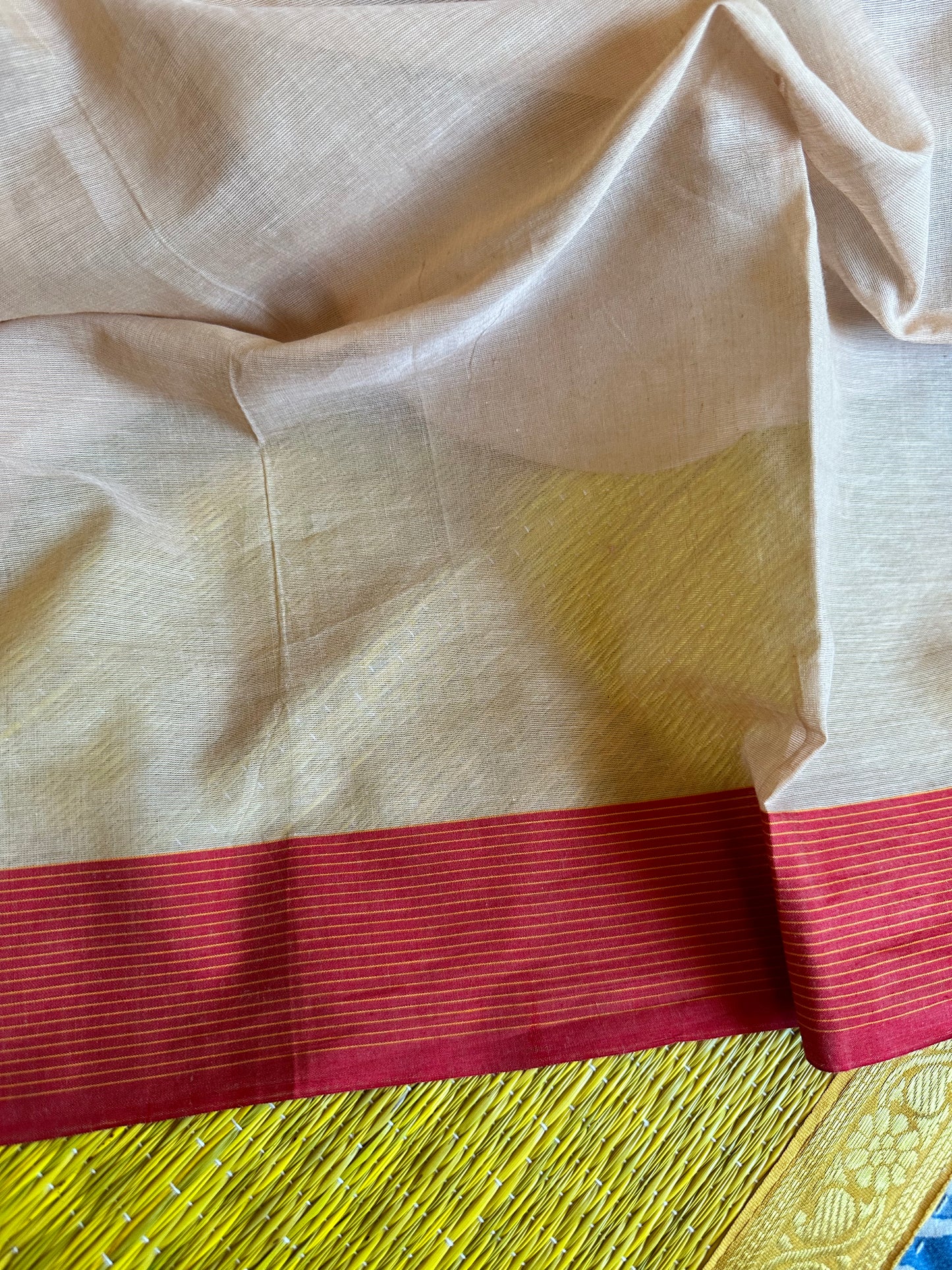 Cream Hand Spun Pure Fine Cotton Jamdani Sari with Red Border