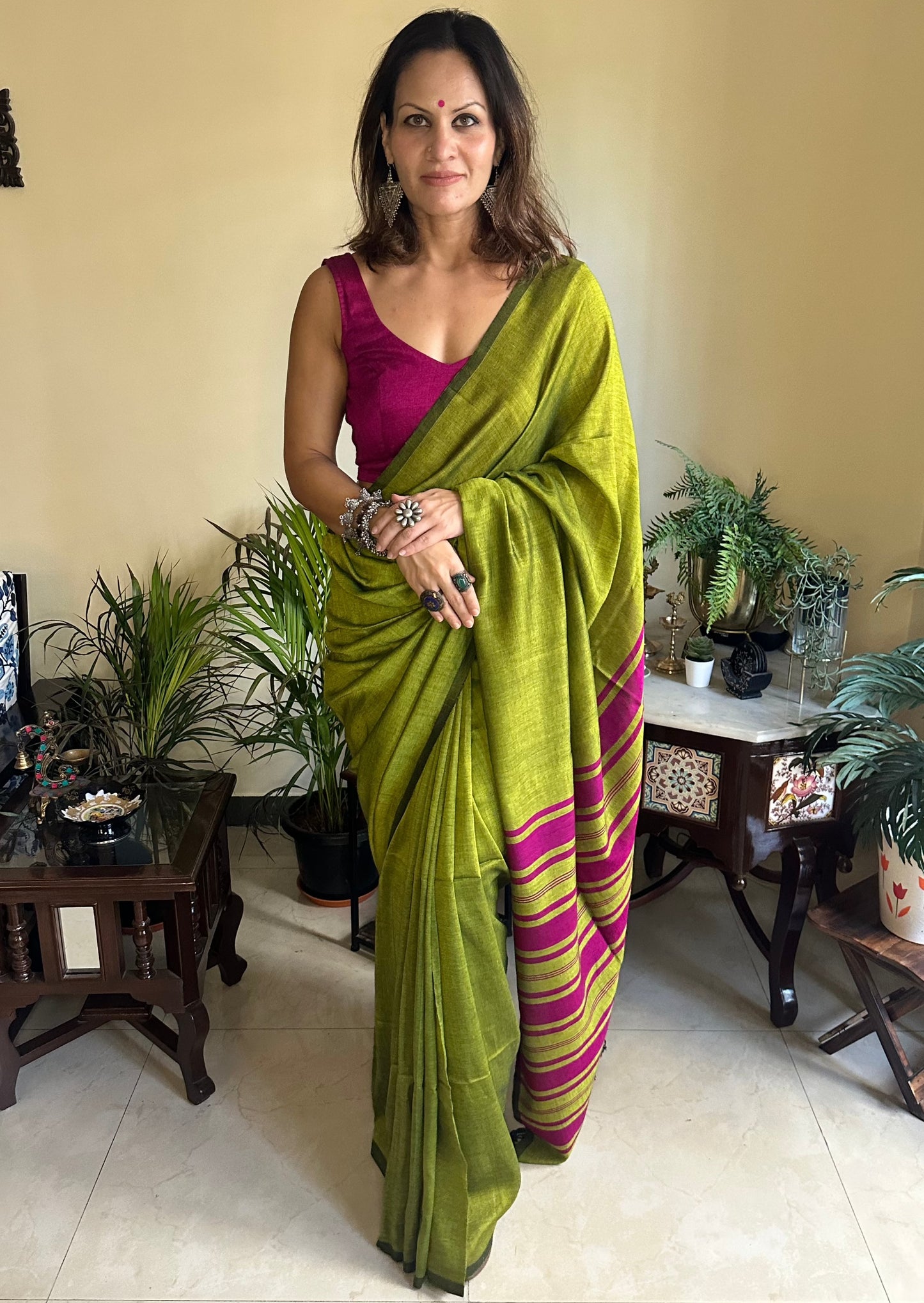 Green Cotton and Wool Blend Sari - Raahini