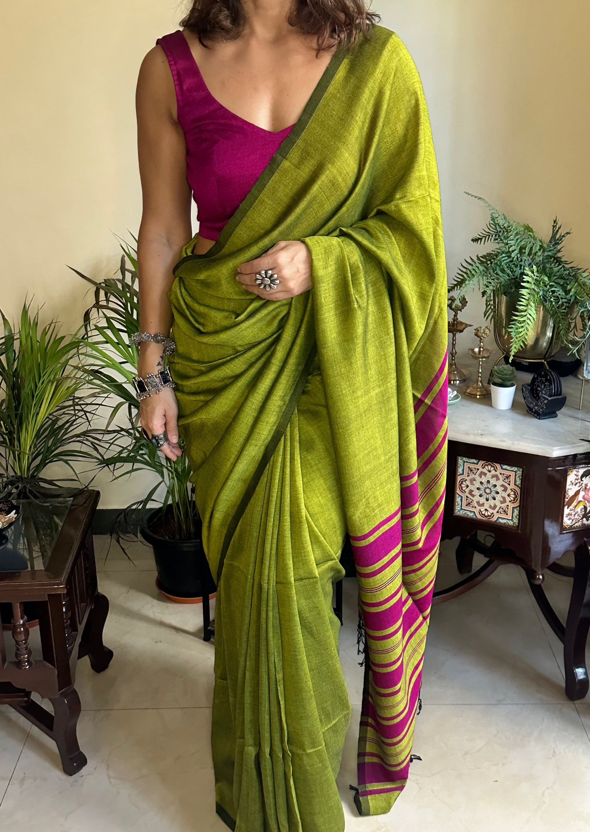 Green Cotton and Wool Blend Sari - Raahini