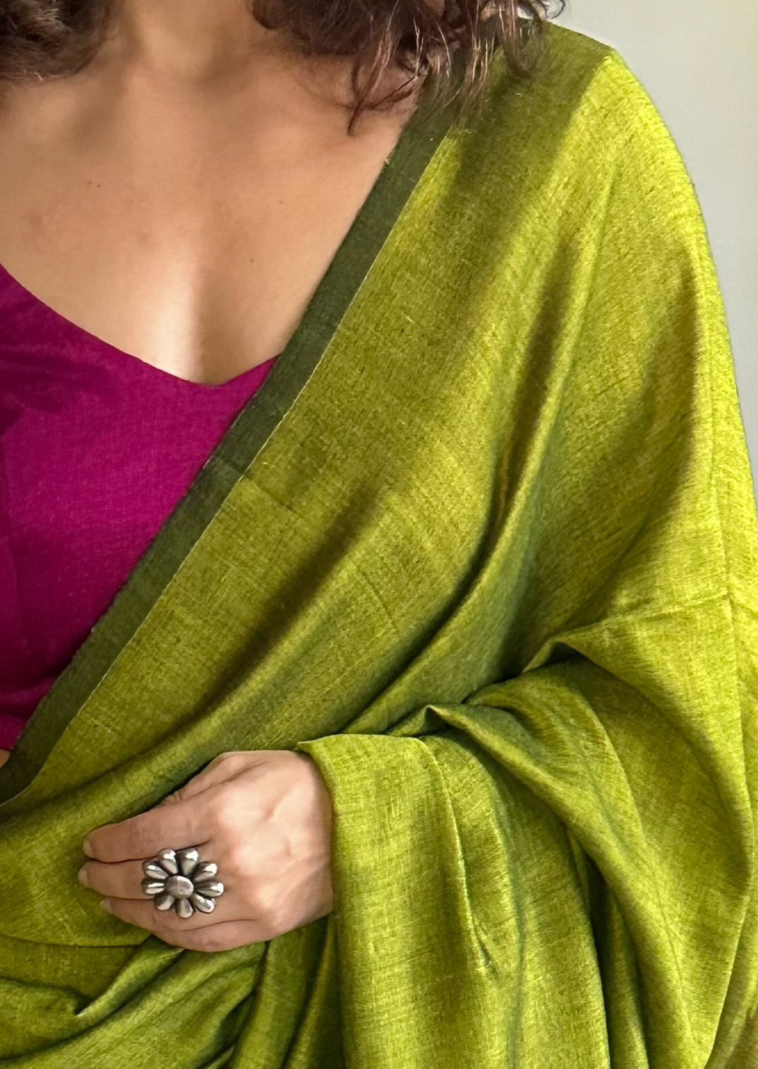 Green Cotton and Wool Blend Sari - Raahini