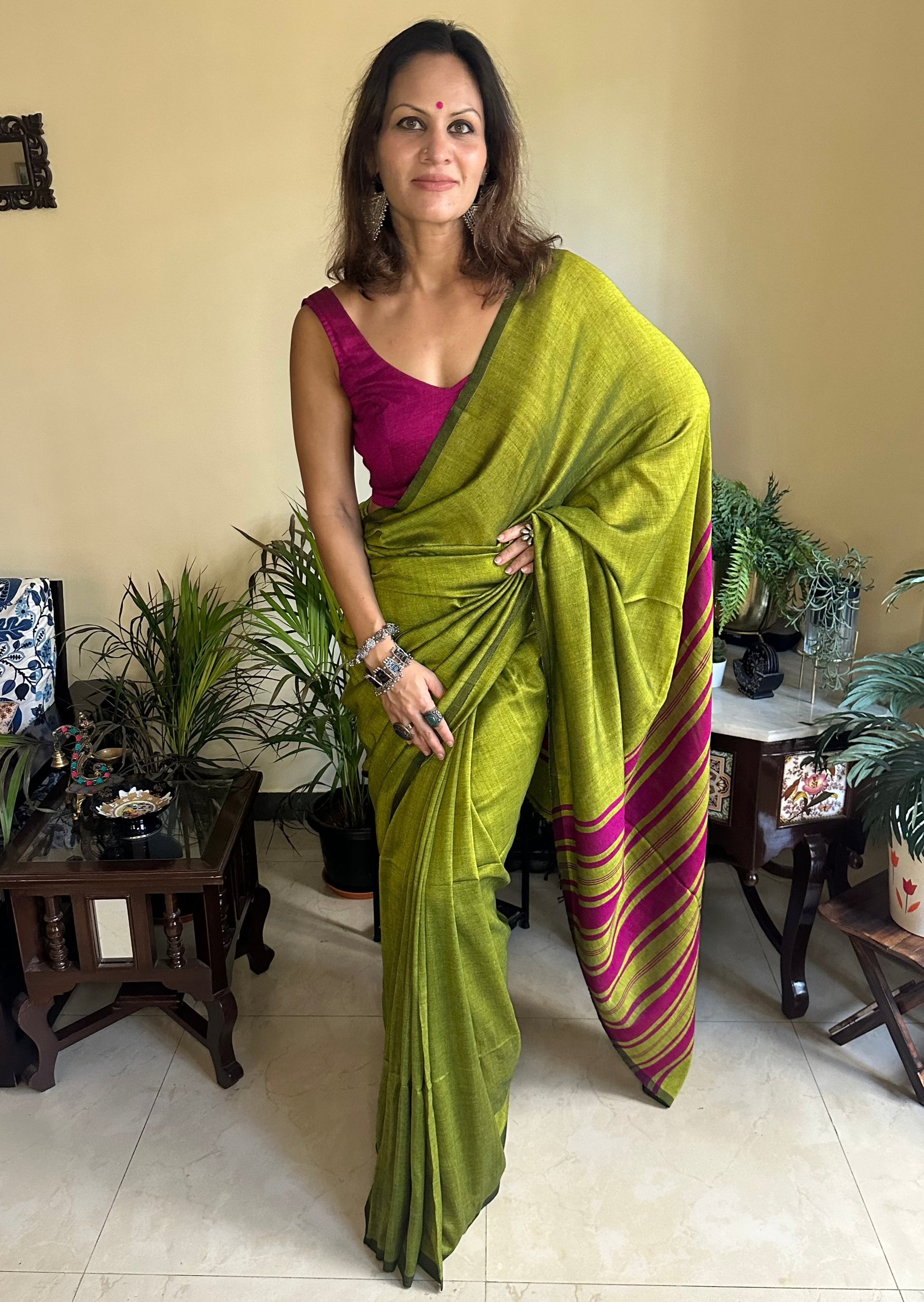 Green Cotton and Wool Blend Sari - Raahini