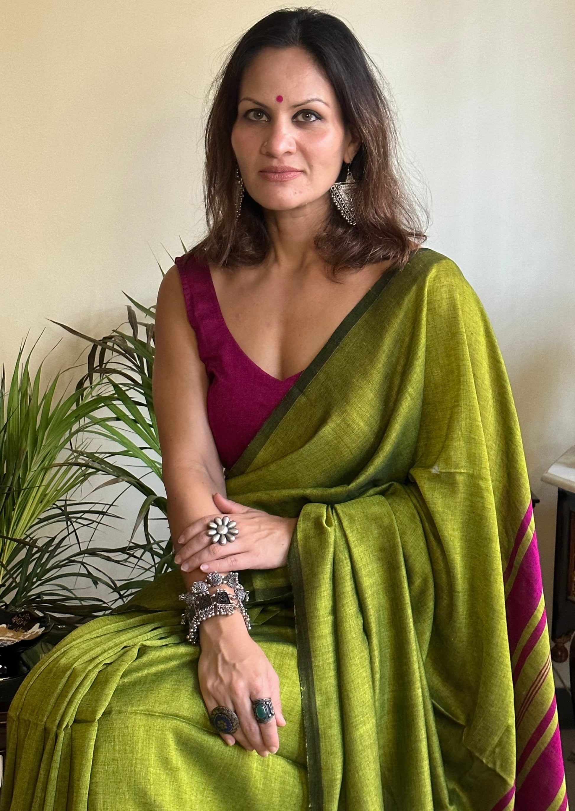 Green Cotton and Wool Blend Sari - Raahini