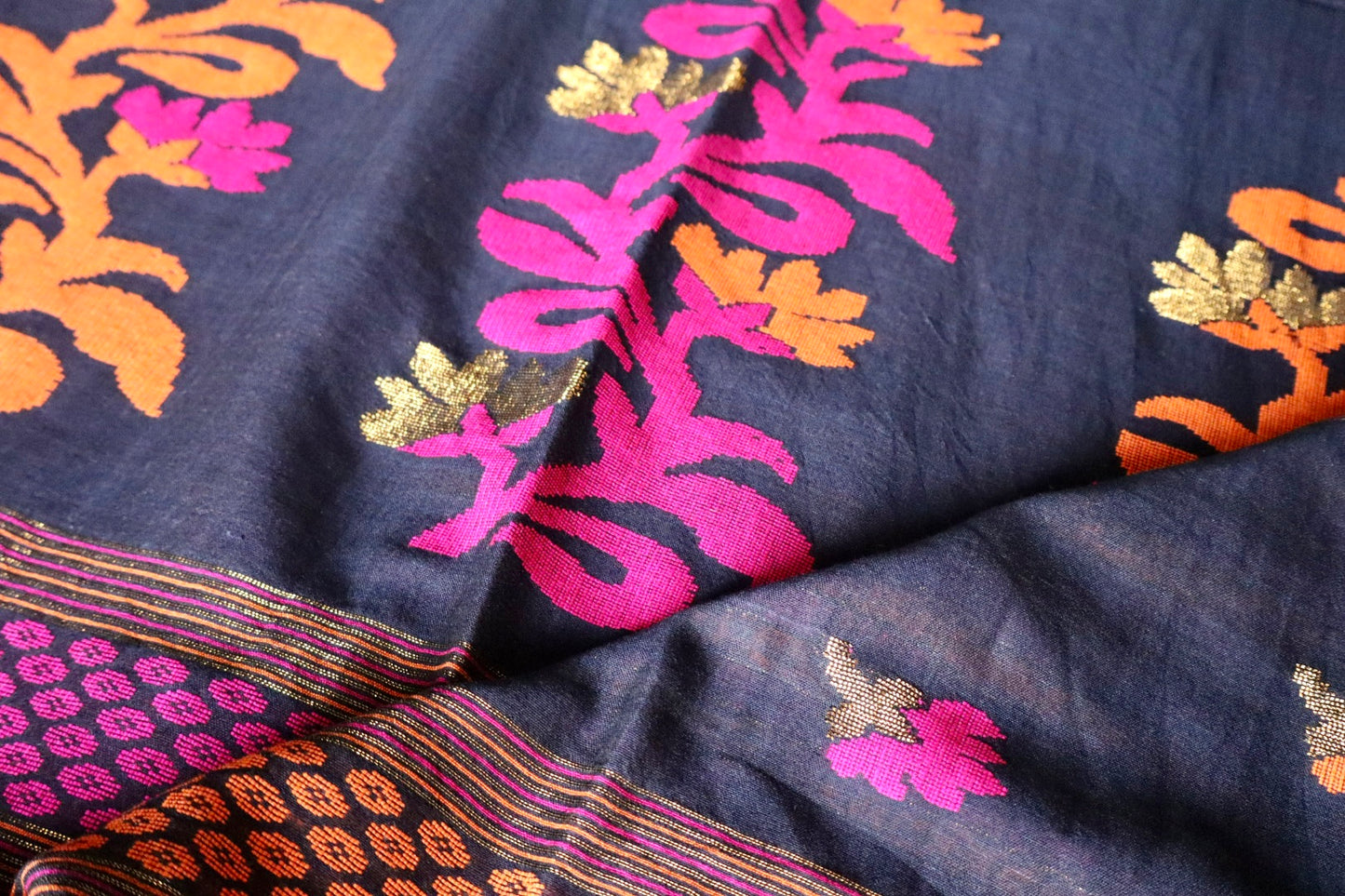 Black & Pink Handloom Pure Cotton Jamdani Saree with Intricate Floral Work with Handloom Mark Card