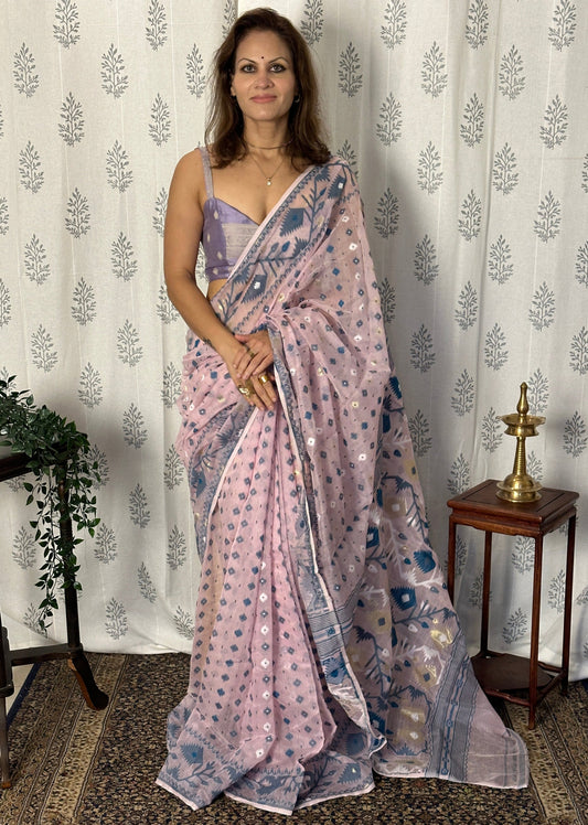 Pink & Blue Cotton Silk Jamdani Saree