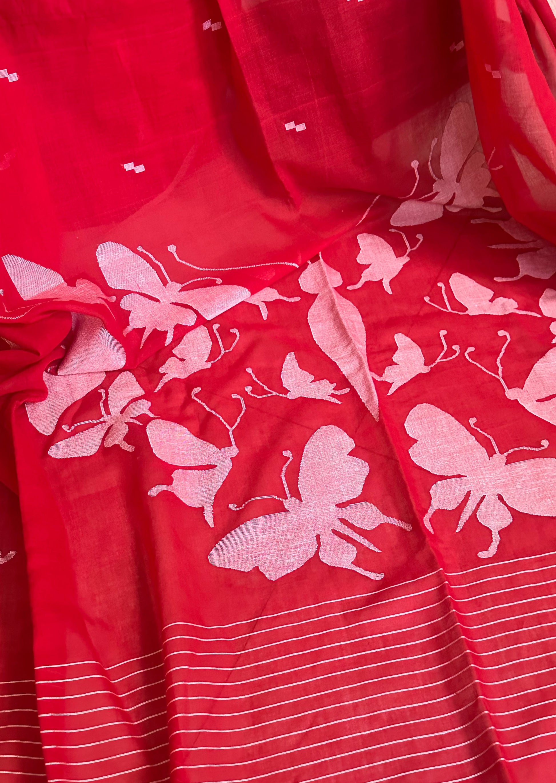 Hand Spun Pure Fine Cotton Jamdani with Woven Butterflies - Raahini