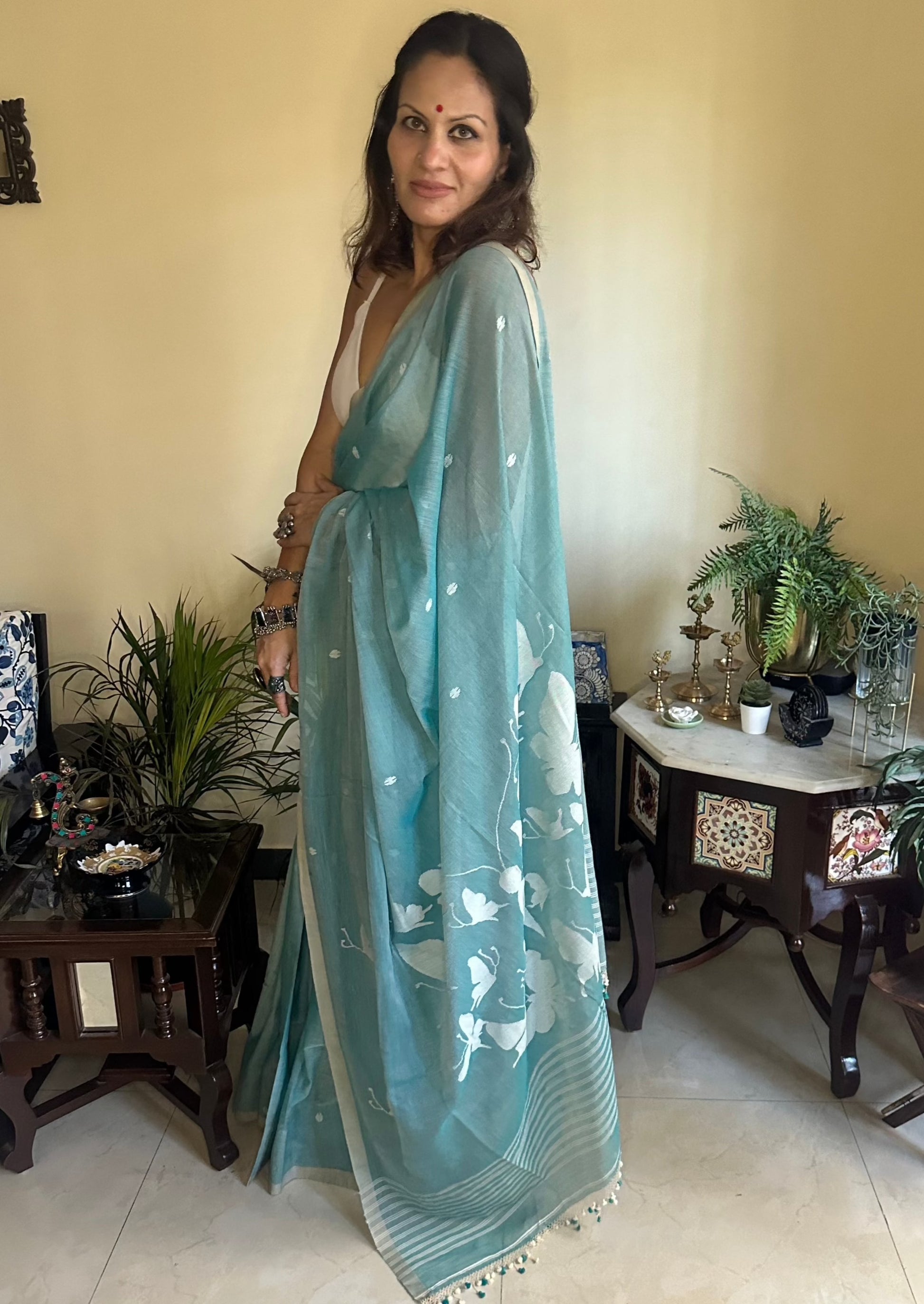 Hand Spun Pure Fine Cotton Jamdani with Woven Butterflies - Raahini