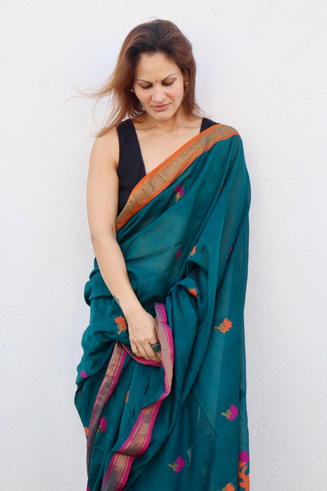 Bottle Green Handloom Pure Cotton Jamdani Saree with Intricate Floral Work with Handloom Mark Card