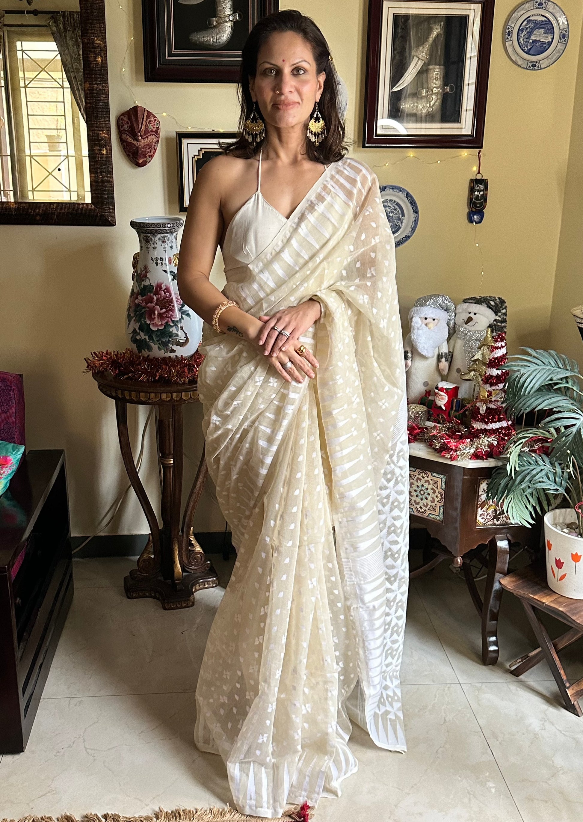 Beige Cotton Silk Jamdani Sari - Raahini