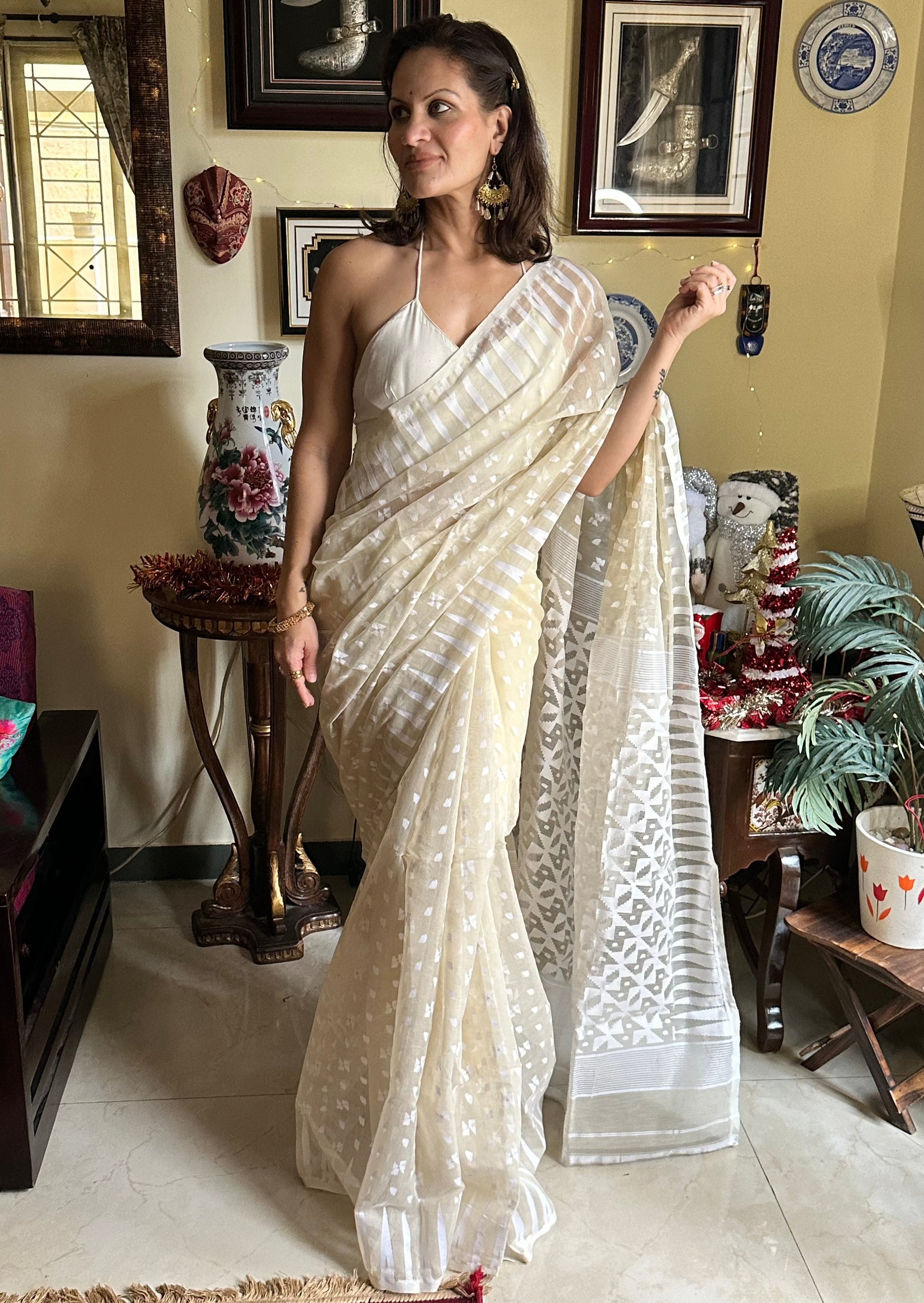 Beige Cotton Silk Jamdani Sari - Raahini