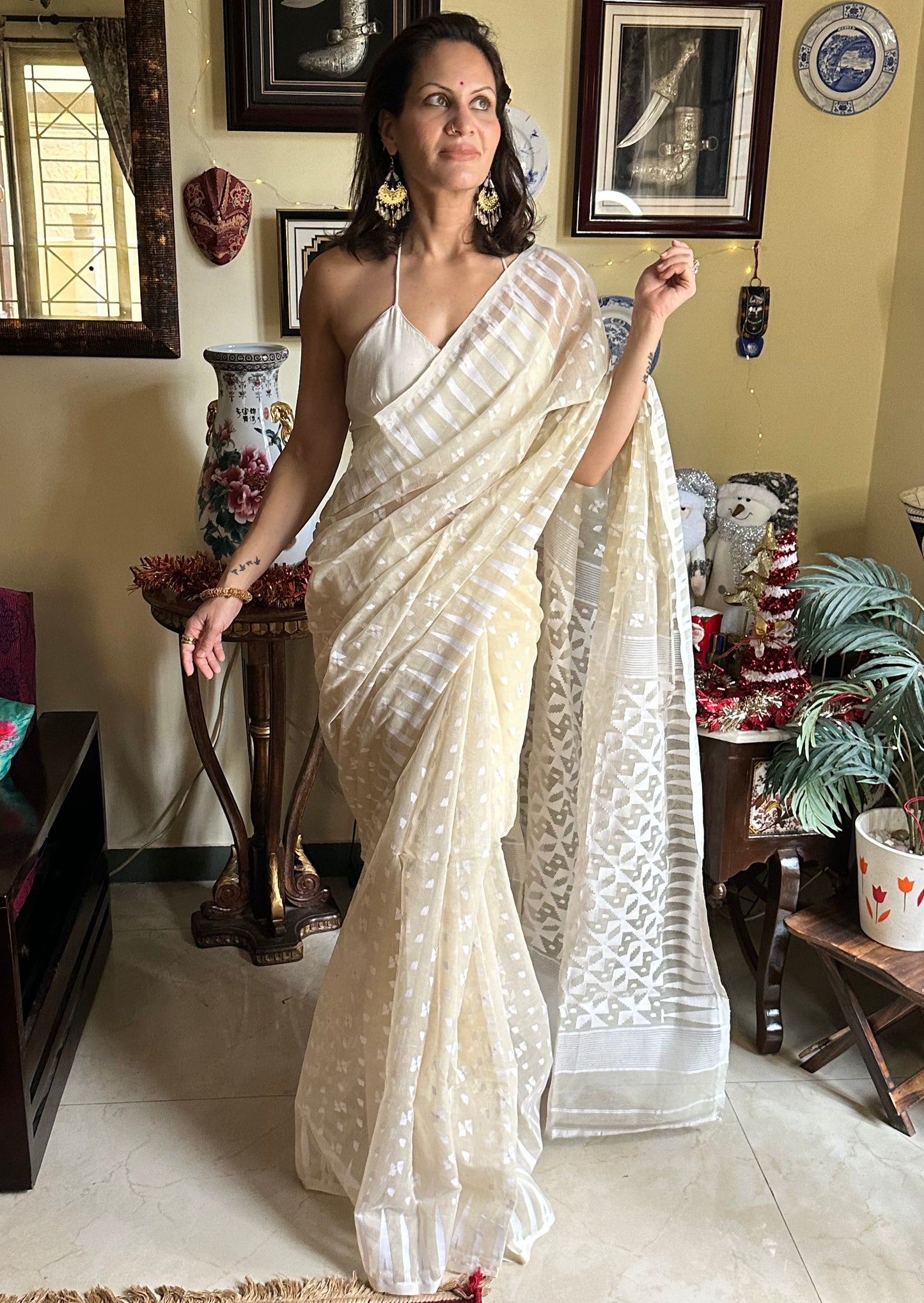 Beige Cotton Silk Jamdani Sari - Raahini