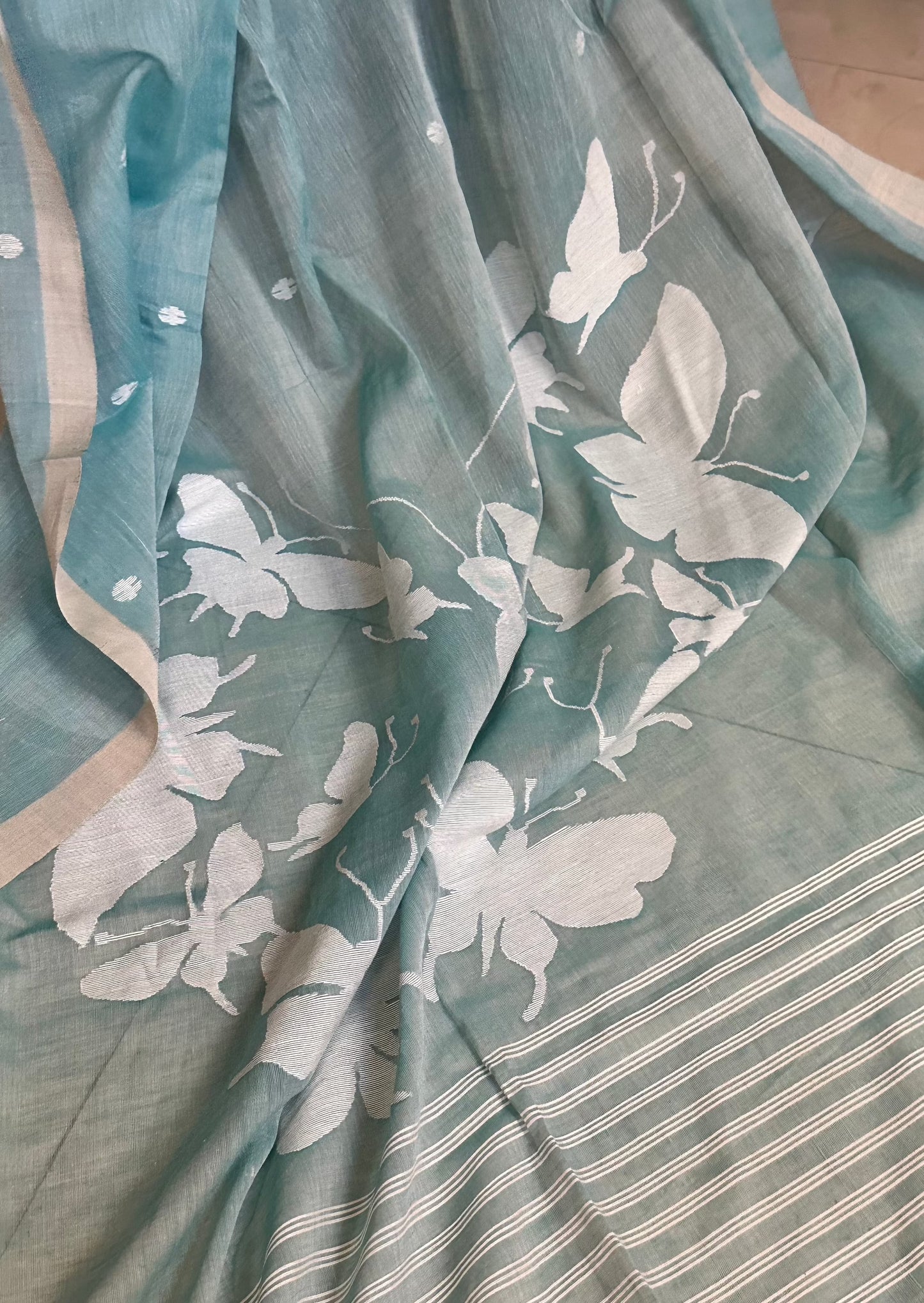 Hand Spun Pure Fine Cotton Jamdani with Woven Butterflies - Raahini