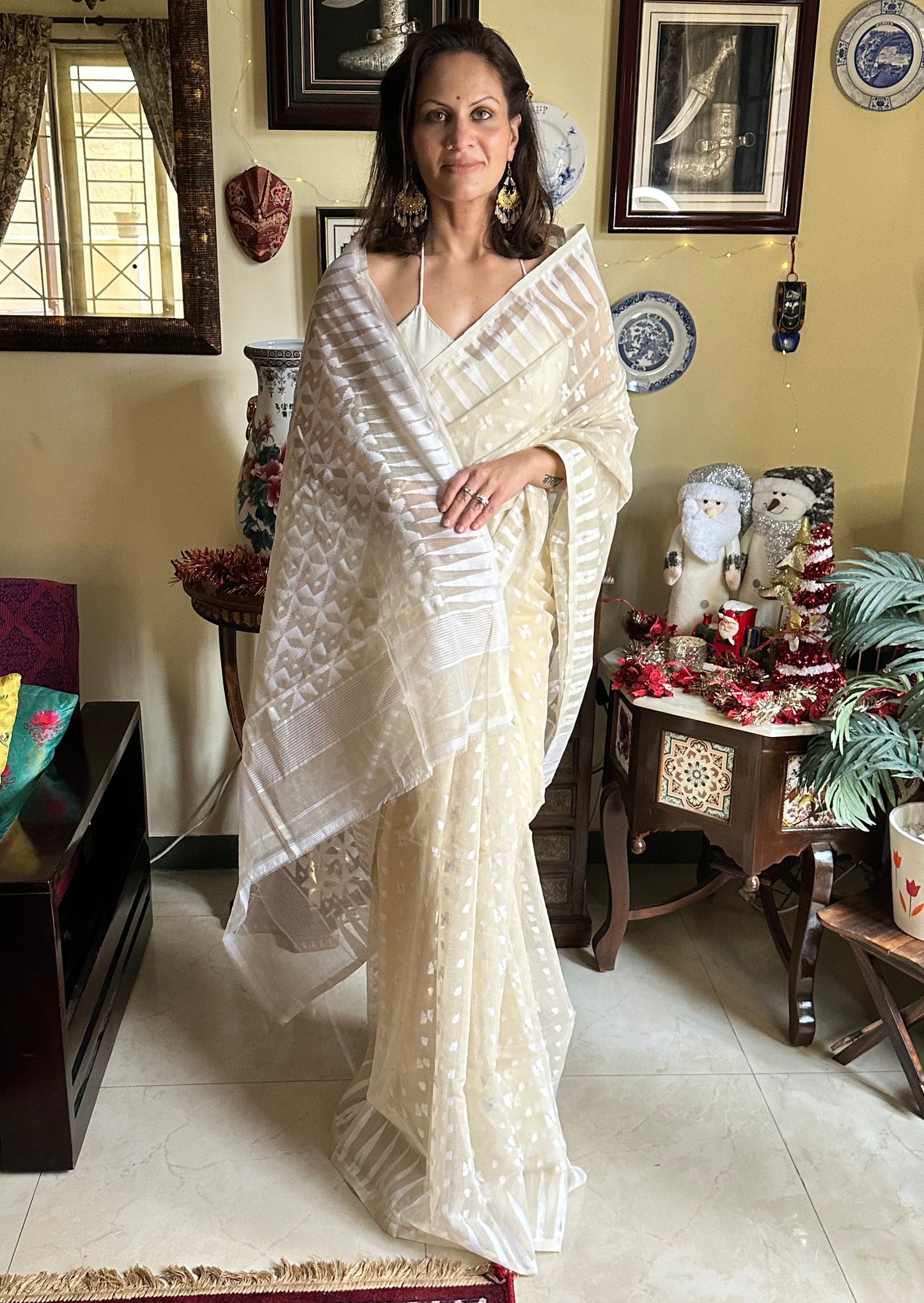 Beige Cotton Silk Jamdani Sari - Raahini