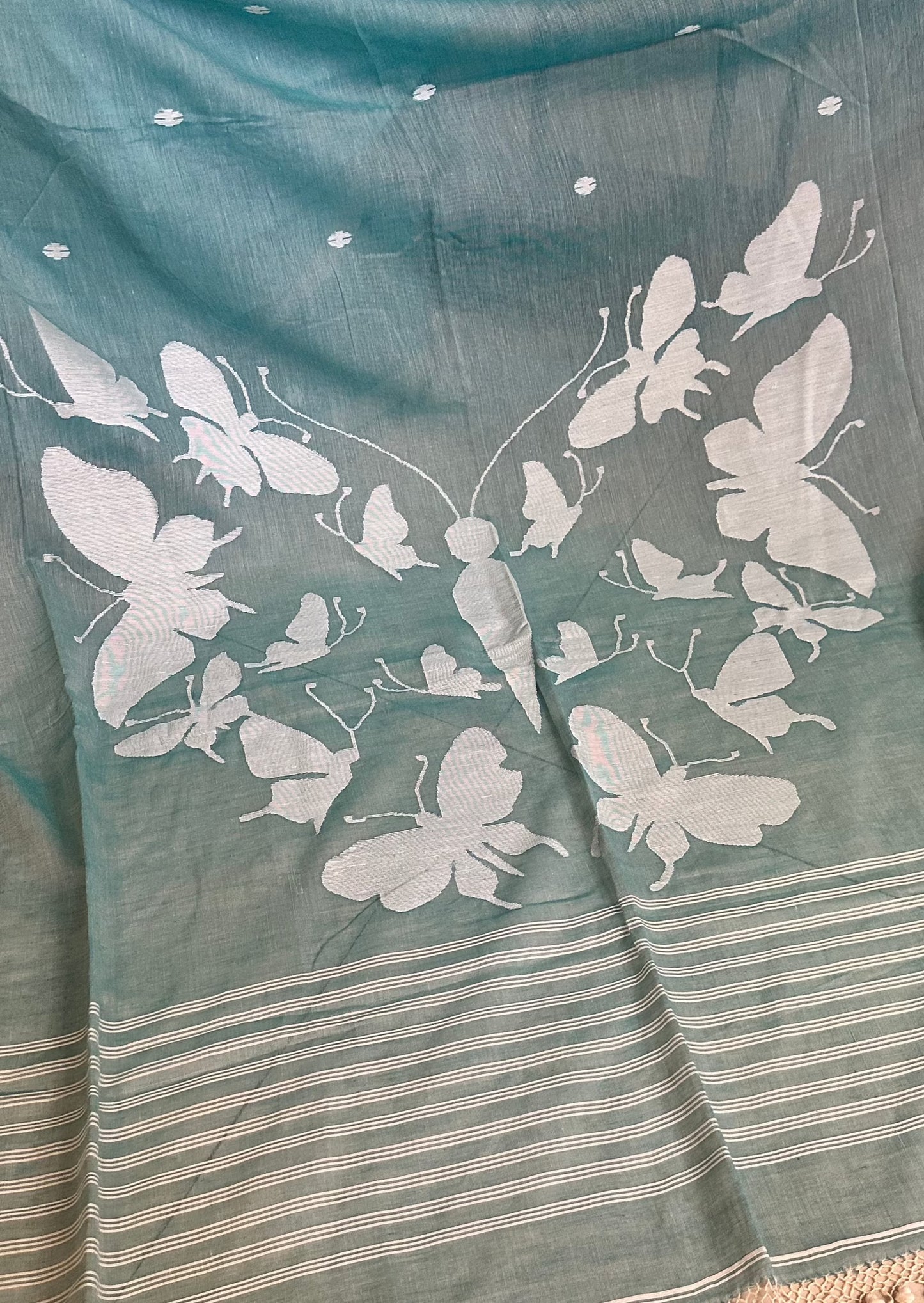 Hand Spun Pure Fine Cotton Jamdani with Woven Butterflies - Raahini