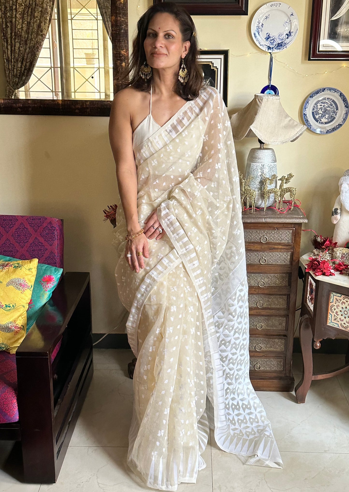 Beige Cotton Silk Jamdani Sari - Raahini