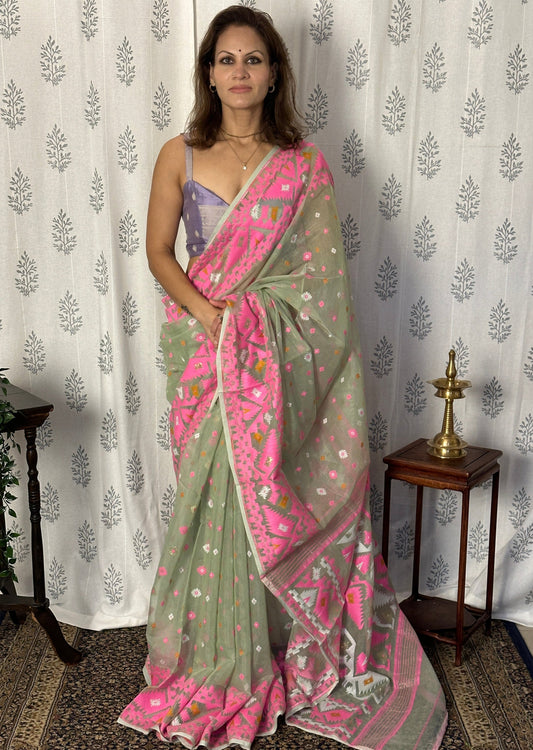 Mint Green & Pink Jacquard Weaving Cotton Silk Jamdani Sari with Zari Work