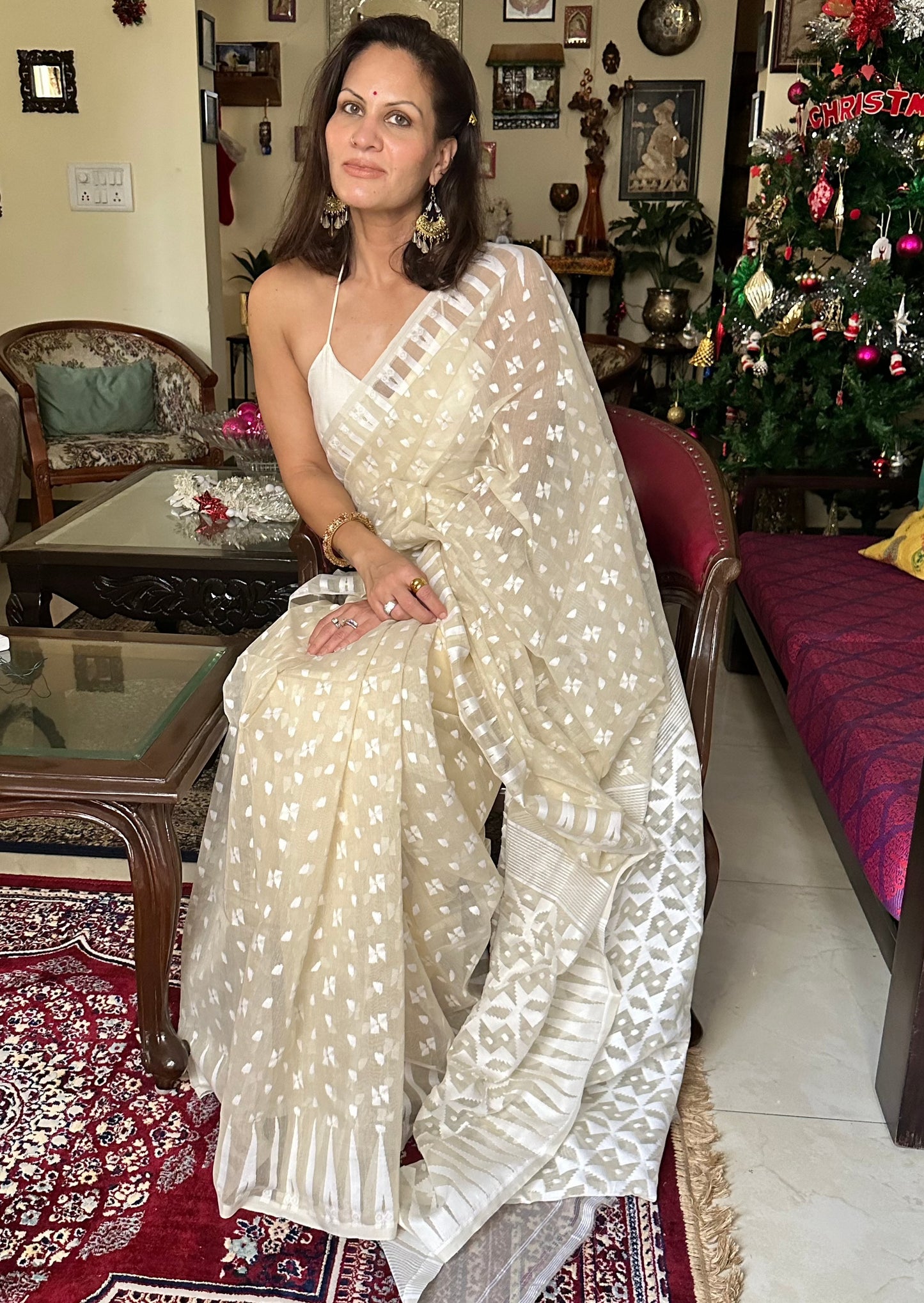 Beige Cotton Silk Jamdani Sari - Raahini