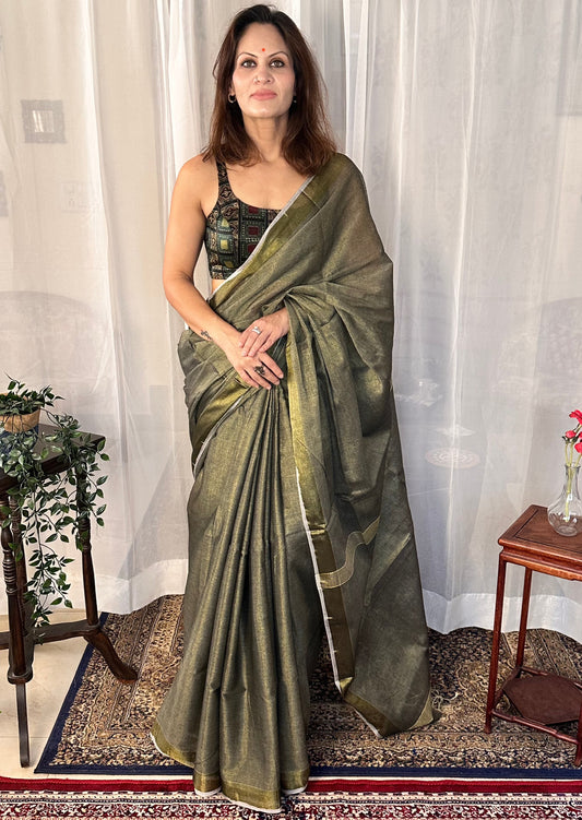 Mehendi Green Pure Mul Mul Handwoven Tissue Cotton Sari - Raahini