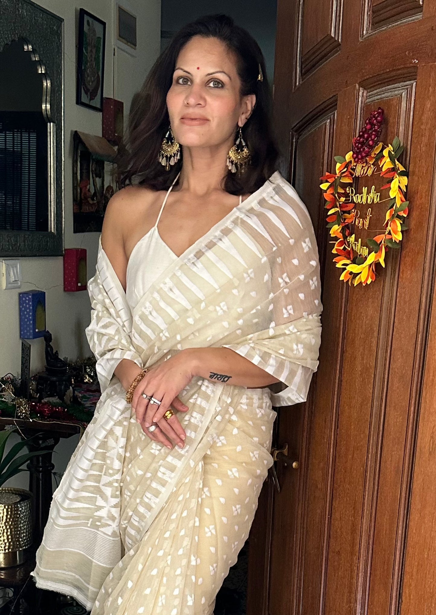 Beige Cotton Silk Jamdani Sari - Raahini