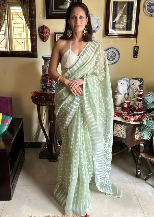 Olive Green Cotton Silk Jamdani Sari - Raahini