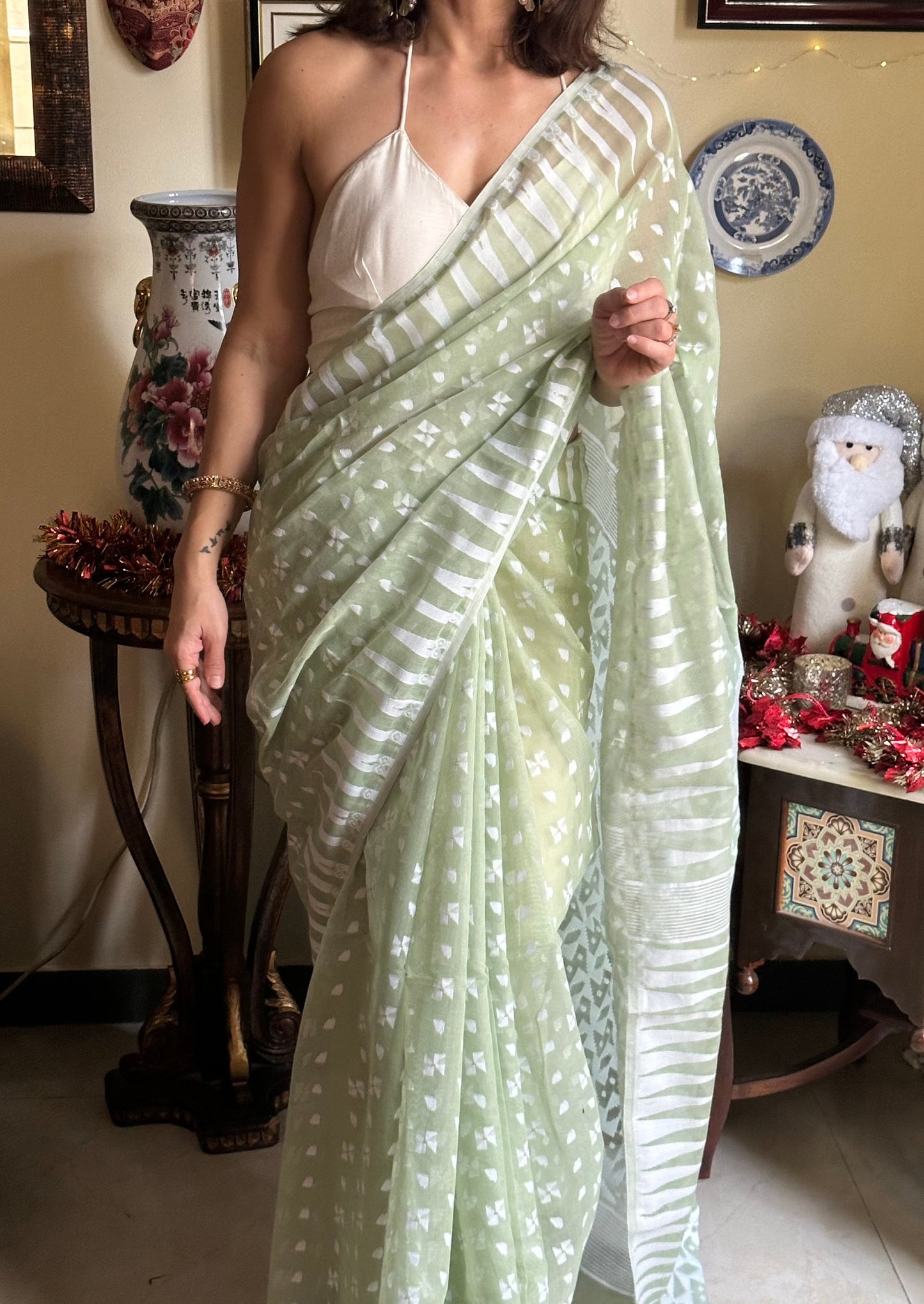 Olive Green Cotton Silk Jamdani Sari - Raahini