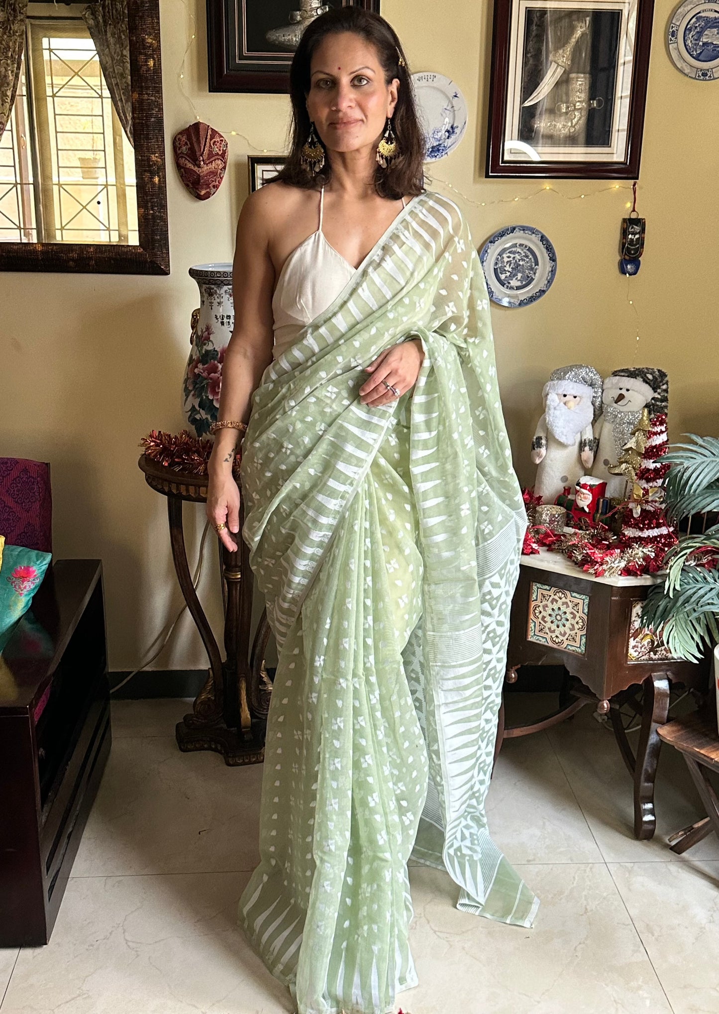 Olive Green Cotton Silk Jamdani Sari - Raahini