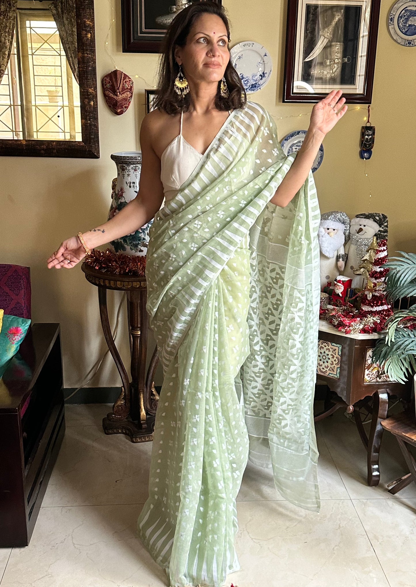 Olive Green Cotton Silk Jamdani Sari - Raahini