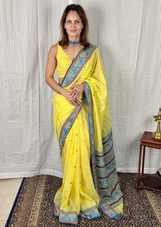 Yellow Pure Cotton Baluchari Saree with Blue Weaving
