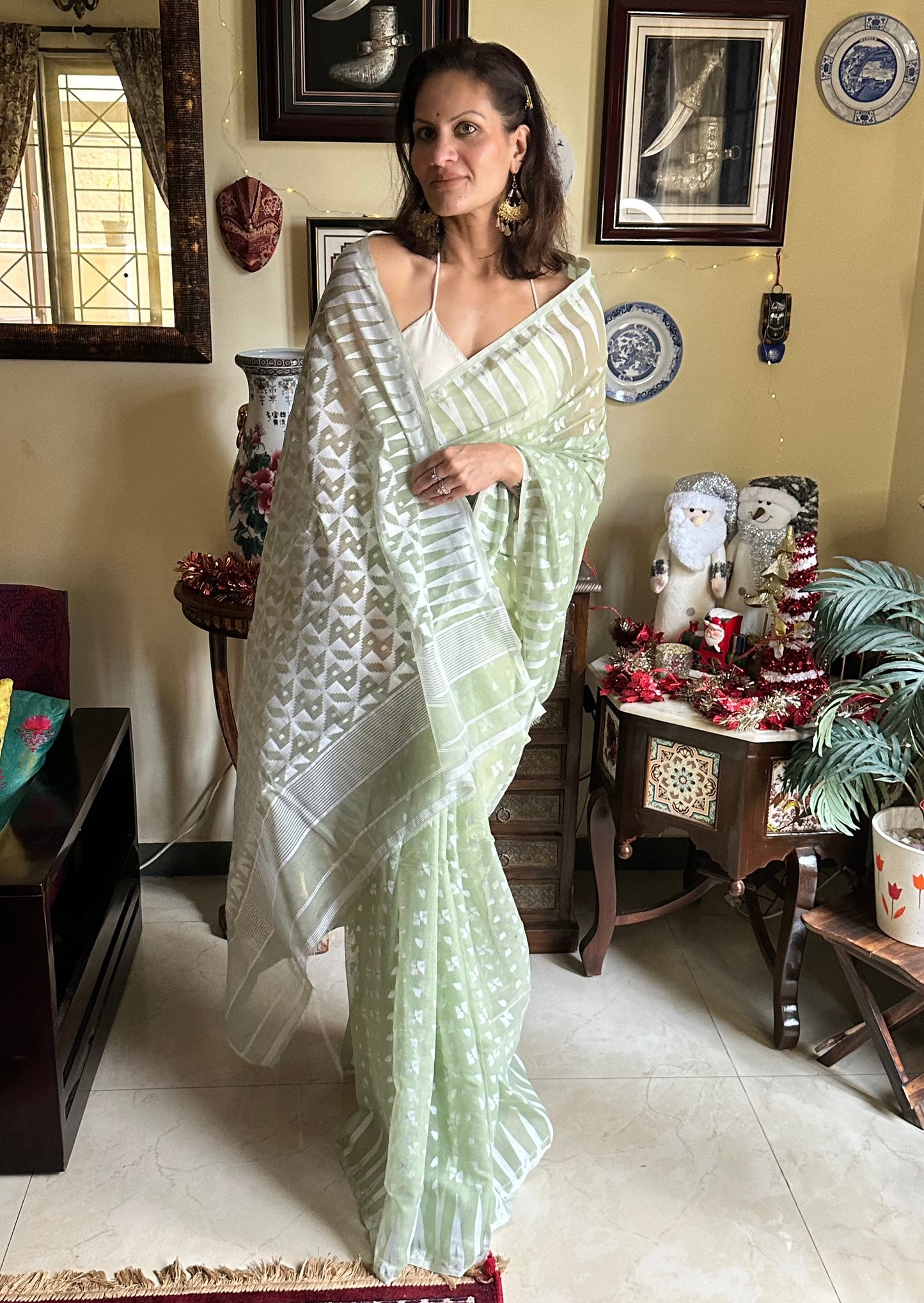 Olive Green Cotton Silk Jamdani Sari - Raahini