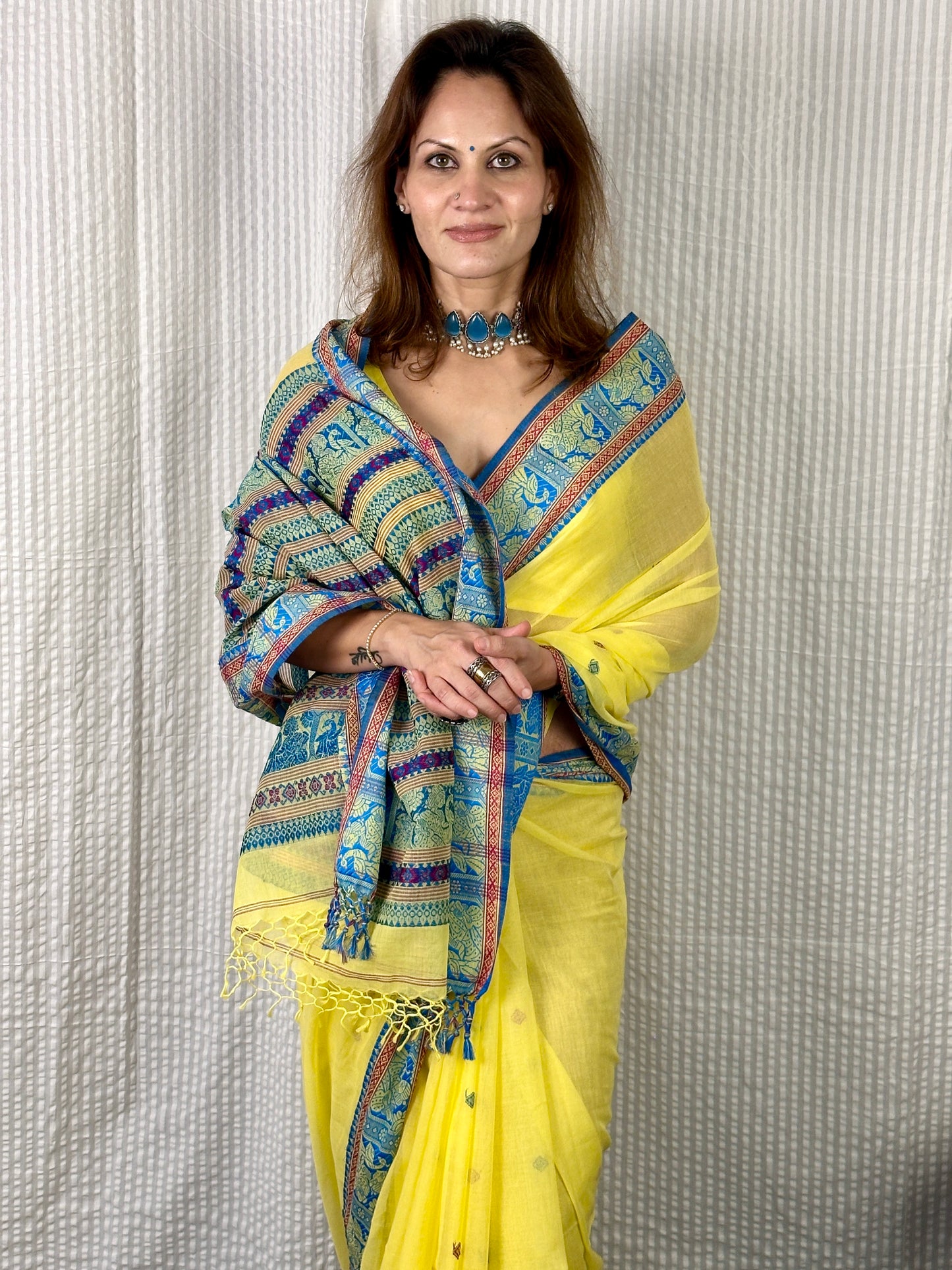 Yellow Pure Cotton Baluchari Saree with Blue Weaving