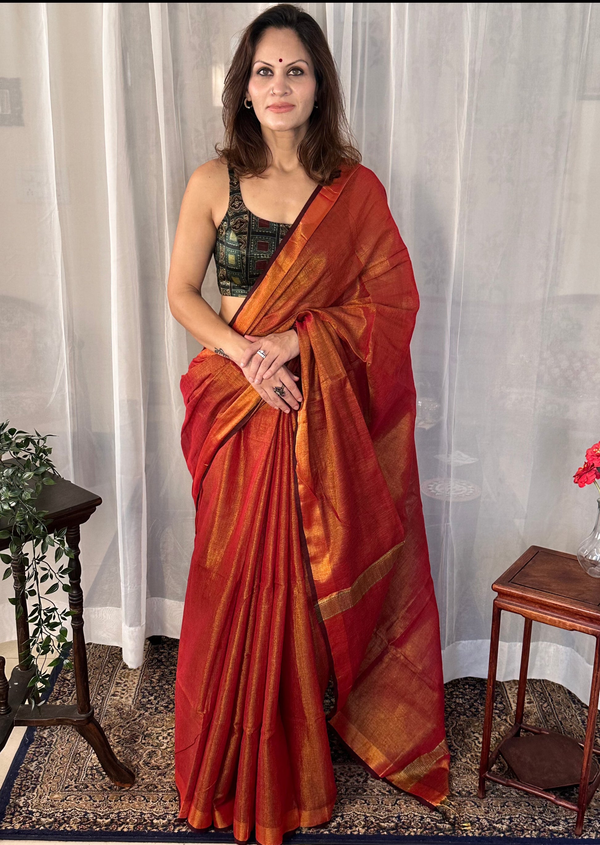 Red Pure Mul Mul Handwoven Tissue Cotton Sari - Raahini