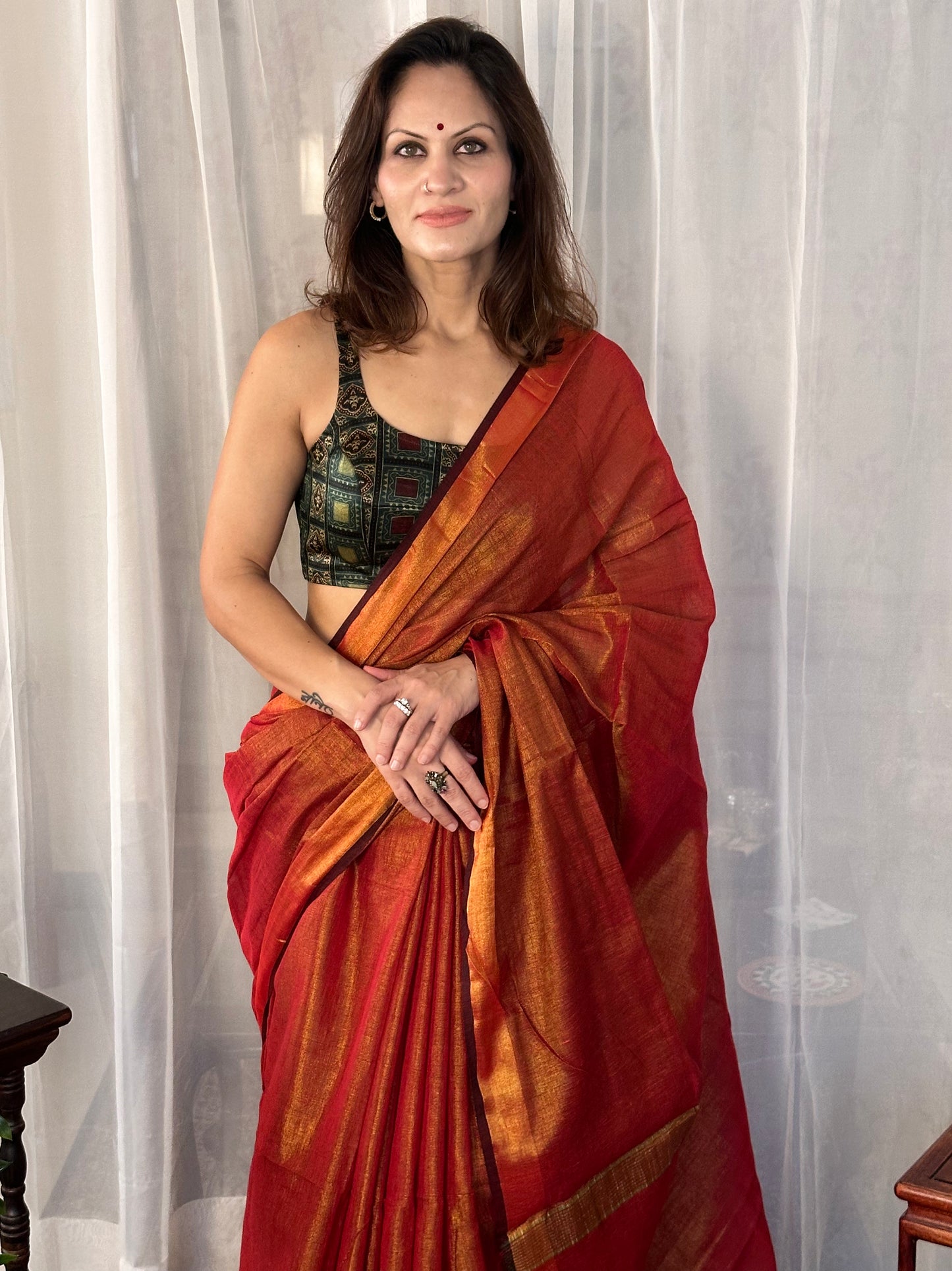 Red Pure Mul Mul Handwoven Tissue Cotton Sari - Raahini