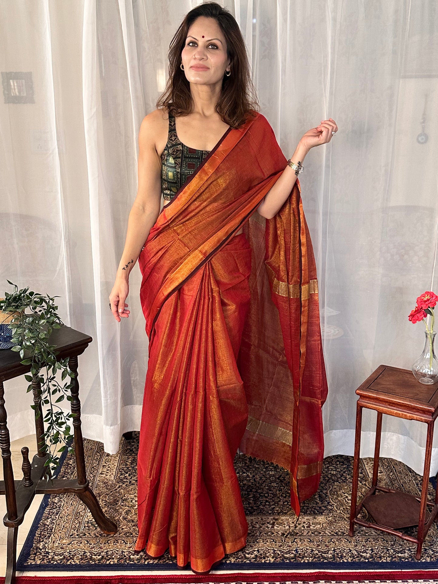 Red Pure Mul Mul Handwoven Tissue Cotton Sari - Raahini