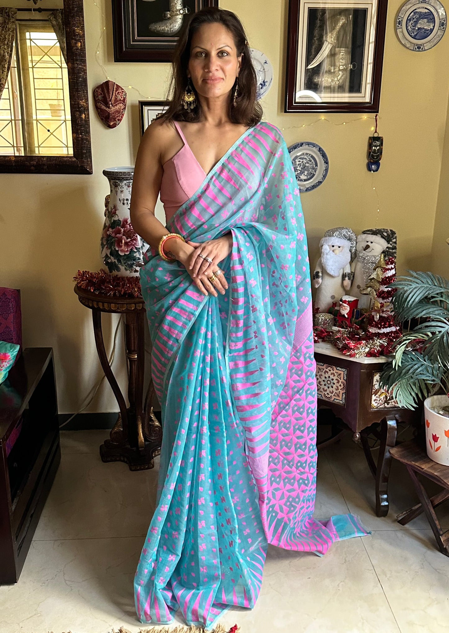 Blue & Pink Cotton Silk Jamdani Sari - Raahini