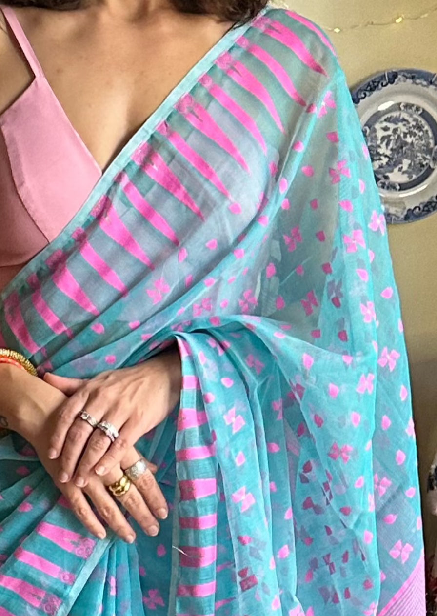 Blue & Pink Cotton Silk Jamdani Sari - Raahini