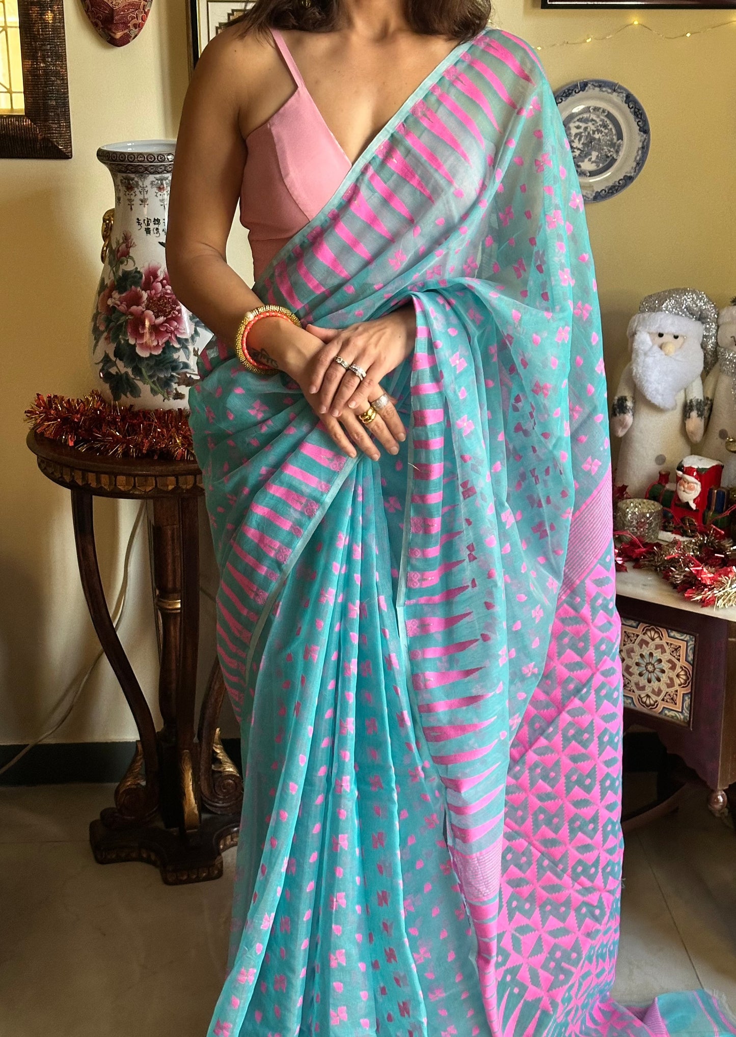 Blue & Pink Cotton Silk Jamdani Sari - Raahini