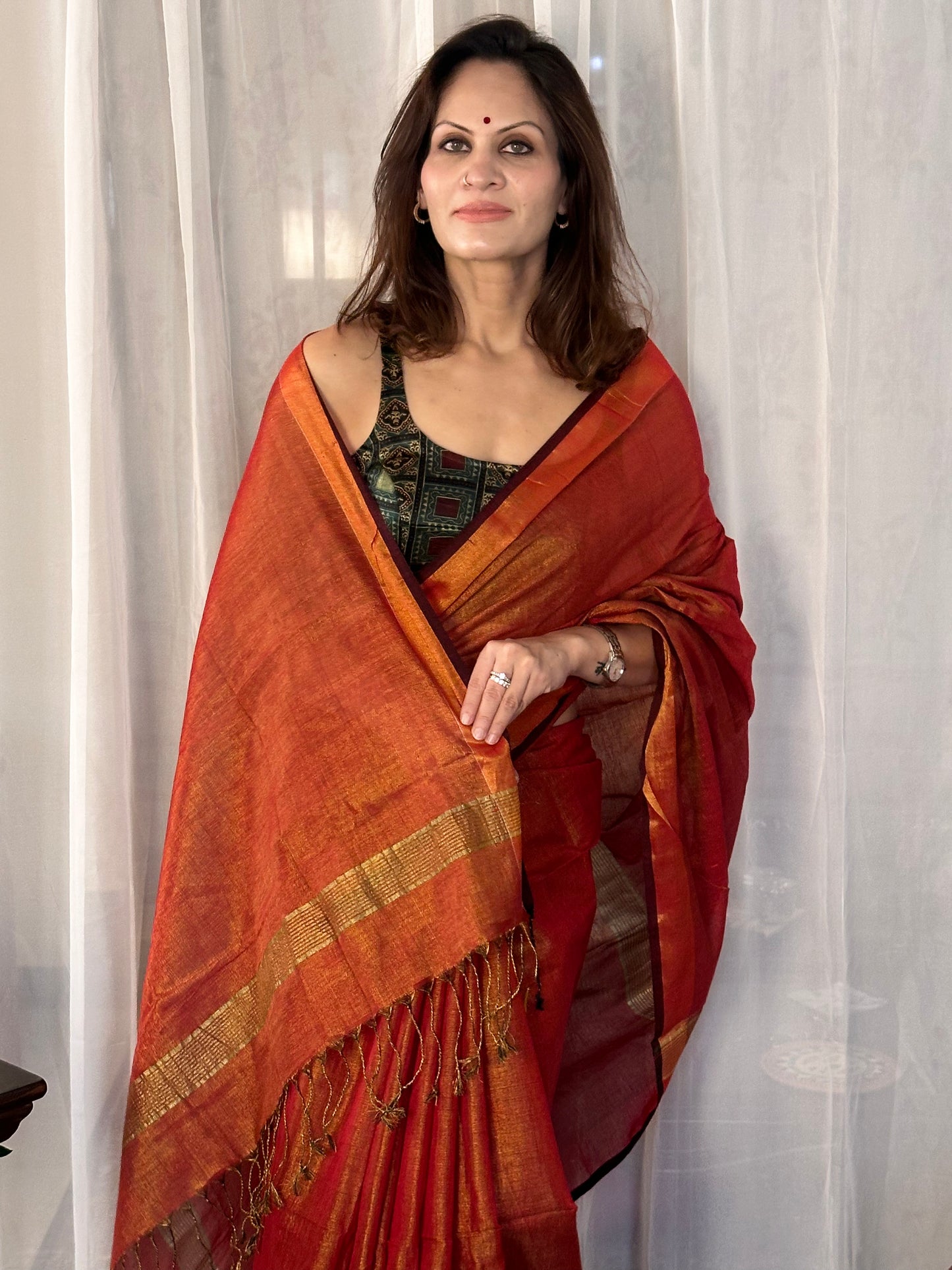 Red Pure Mul Mul Handwoven Tissue Cotton Sari - Raahini