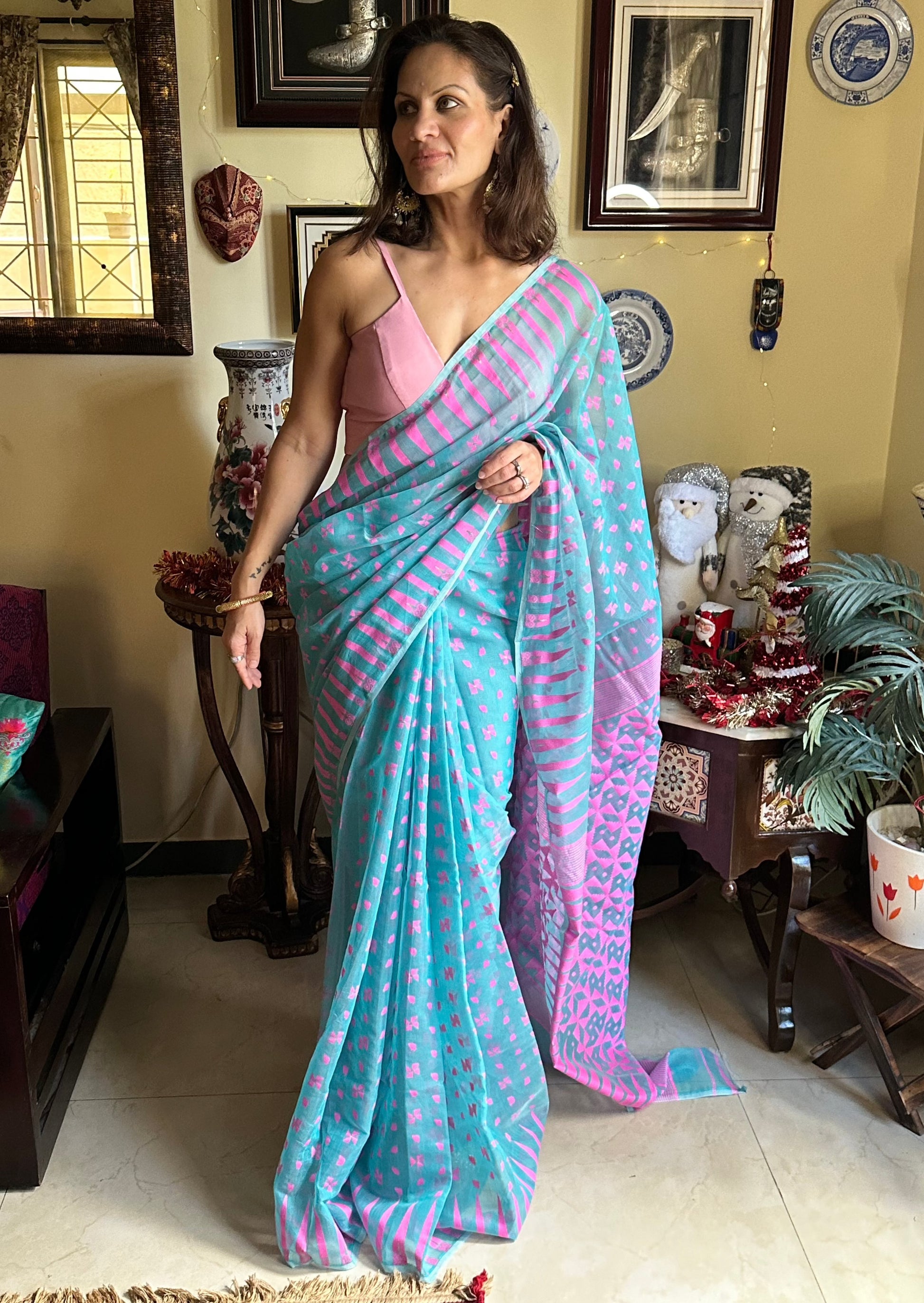 Blue & Pink Cotton Silk Jamdani Sari - Raahini