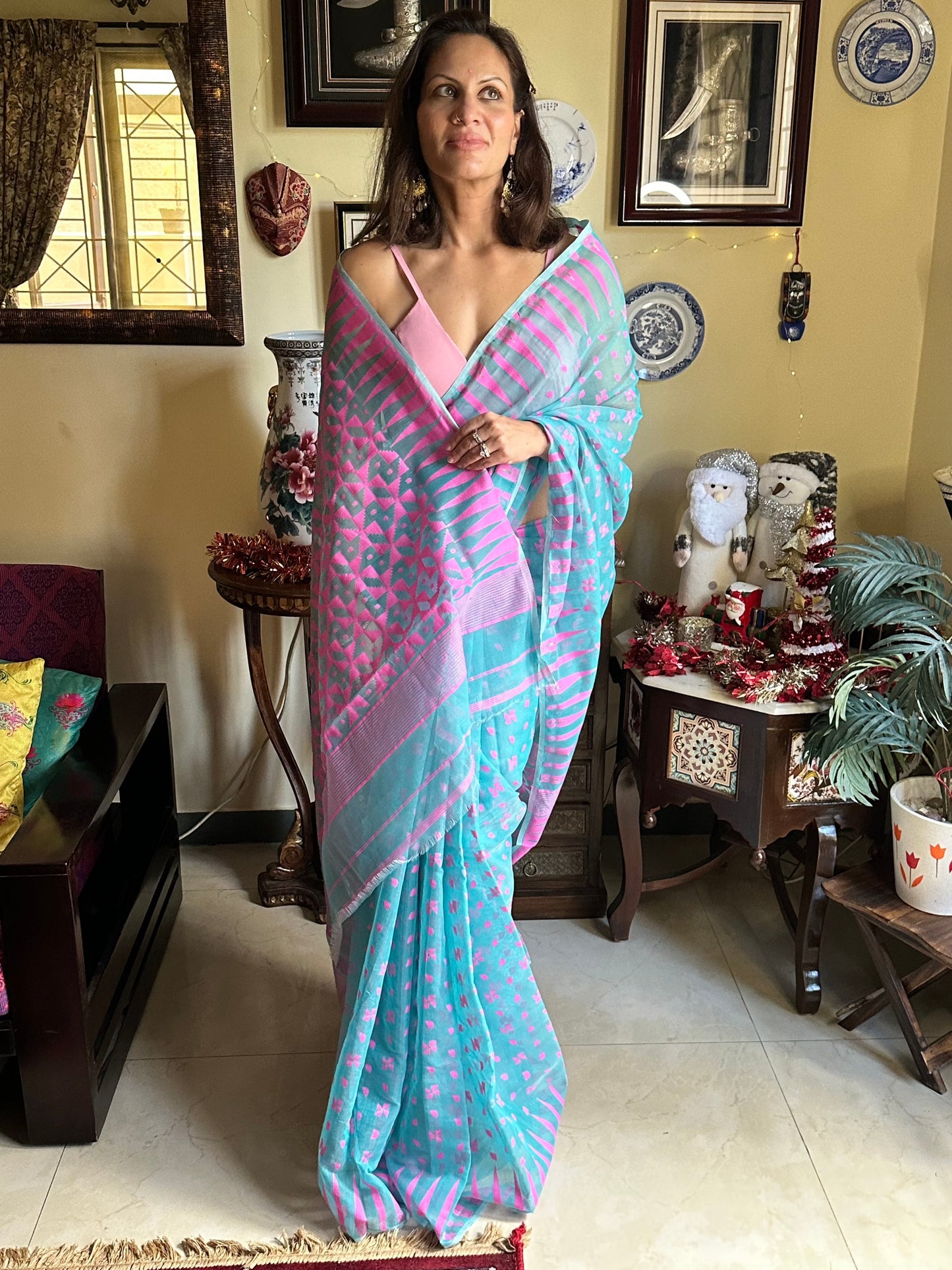 Blue & Pink Cotton Silk Jamdani Sari - Raahini