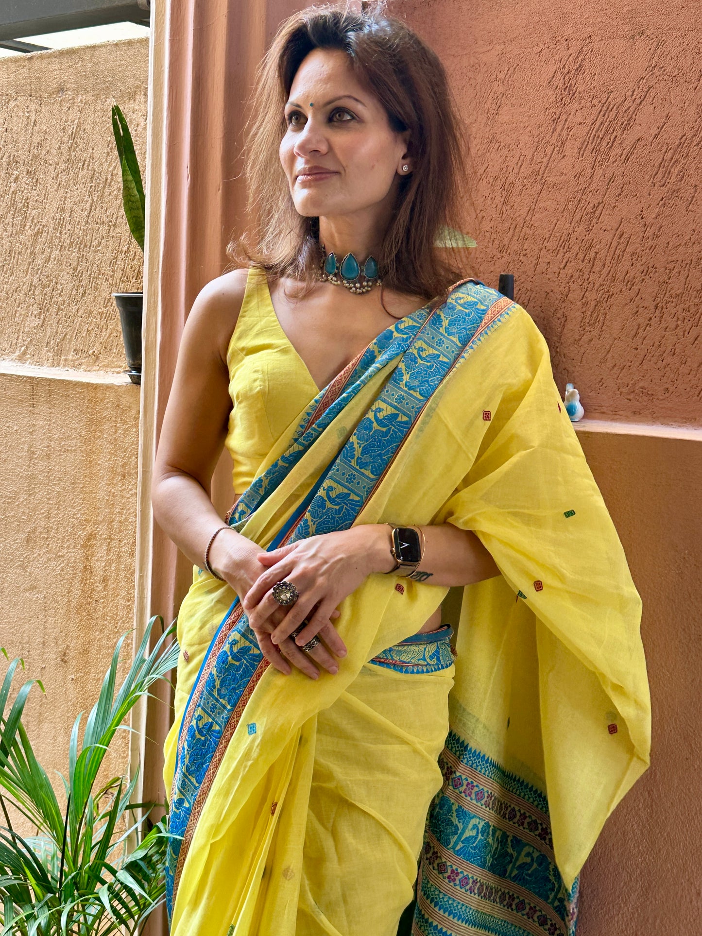 Yellow Pure Cotton Baluchari Saree with Blue Weaving
