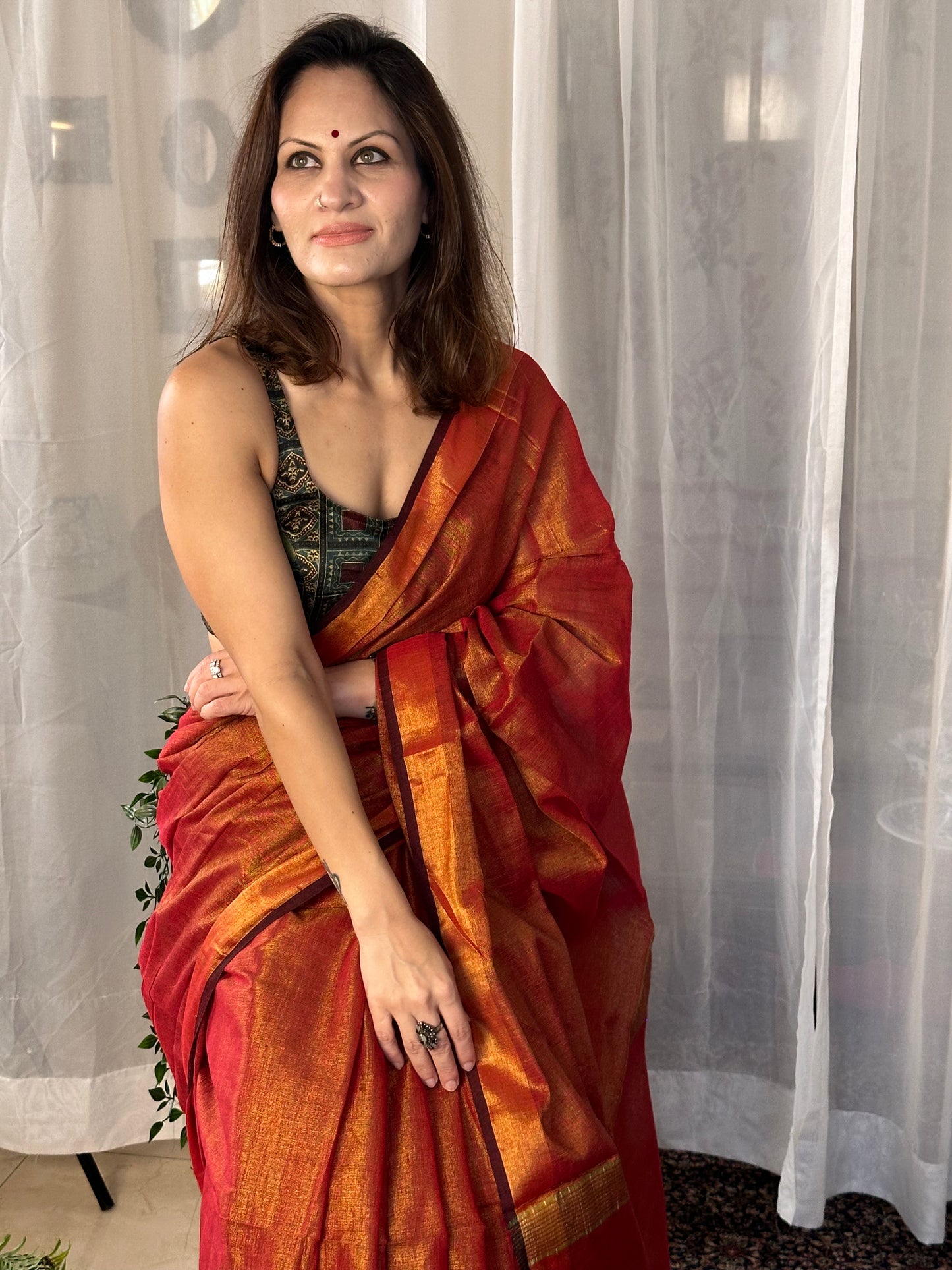 Red Pure Mul Mul Handwoven Tissue Cotton Sari - Raahini