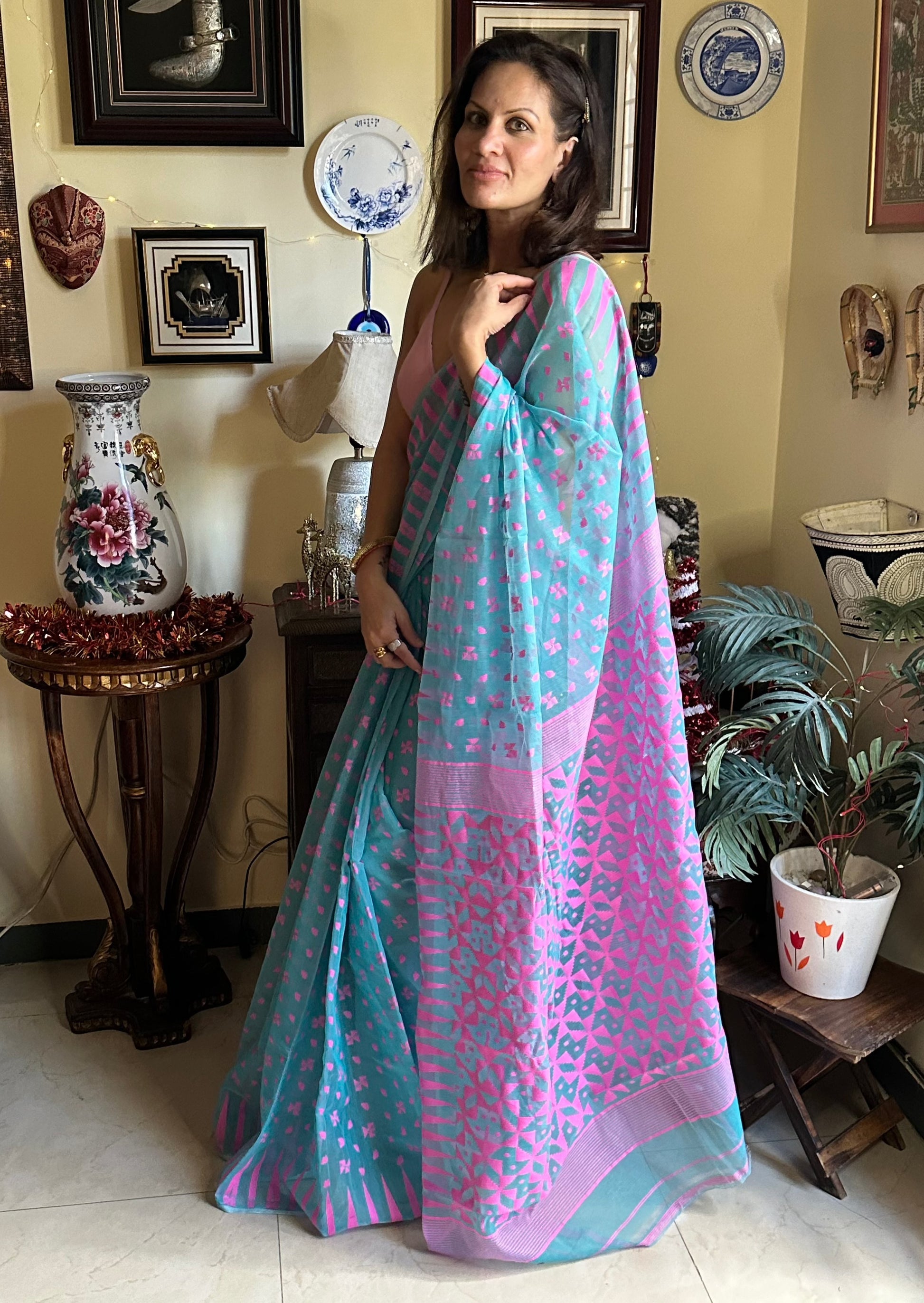 Blue & Pink Cotton Silk Jamdani Sari - Raahini